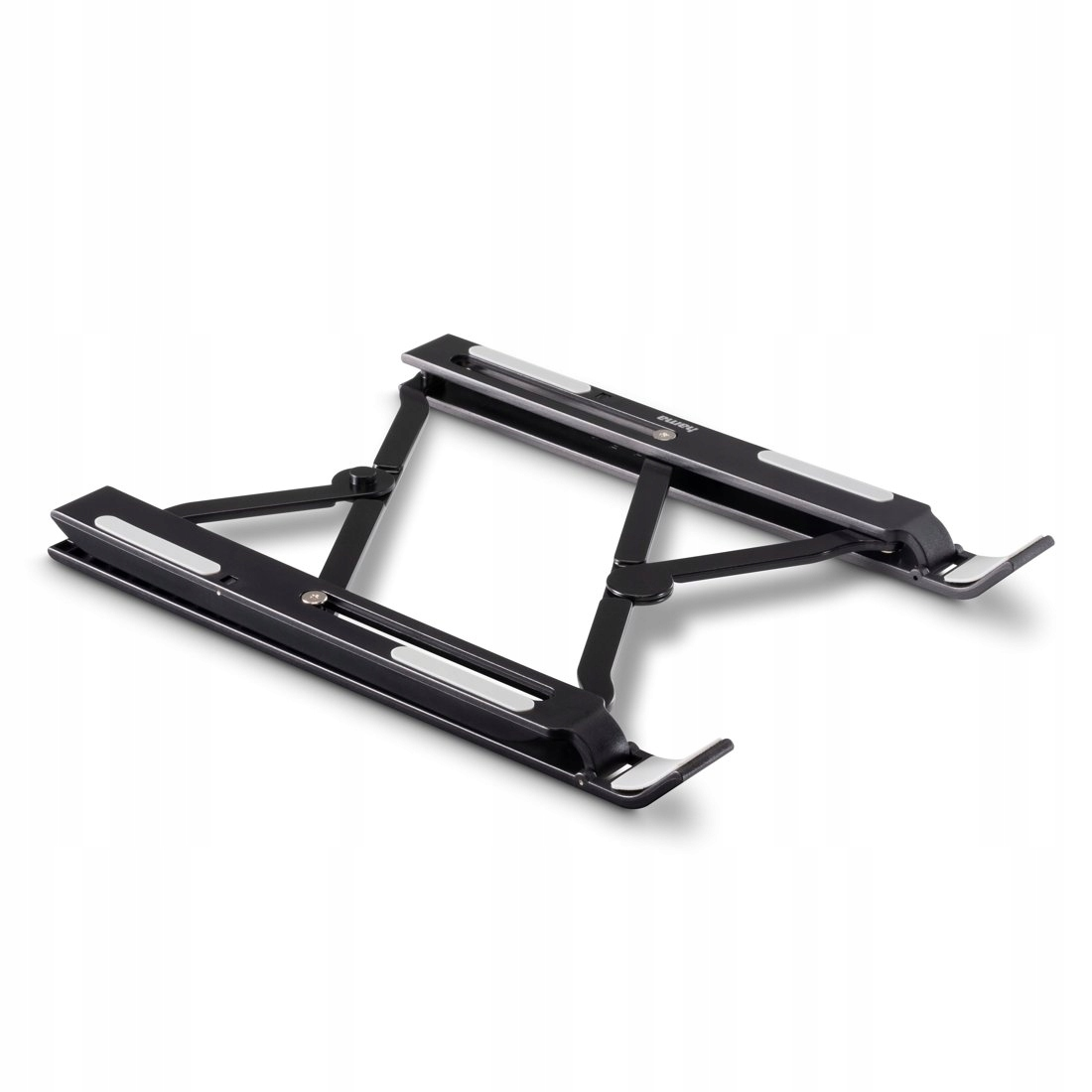 Un soporte para portátil plegable de metal negro con almohadillas antideslizantes sobre un fondo blanco.