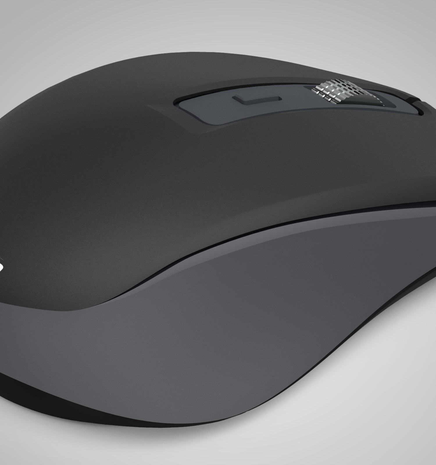 Un ratón de ordenador inalámbrico negro con rueda de desplazamiento de metal sobre fondo neutro.