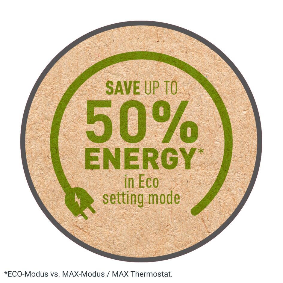 Adesivo rotondo con testo verde che dice Risparmia fino al 50% di energia in modalità Eco.