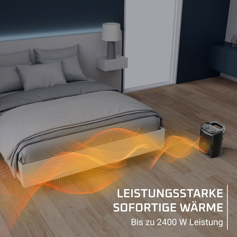 Un termoventilatore nero sul pavimento in legno di una camera emette onde arancioni di calore.