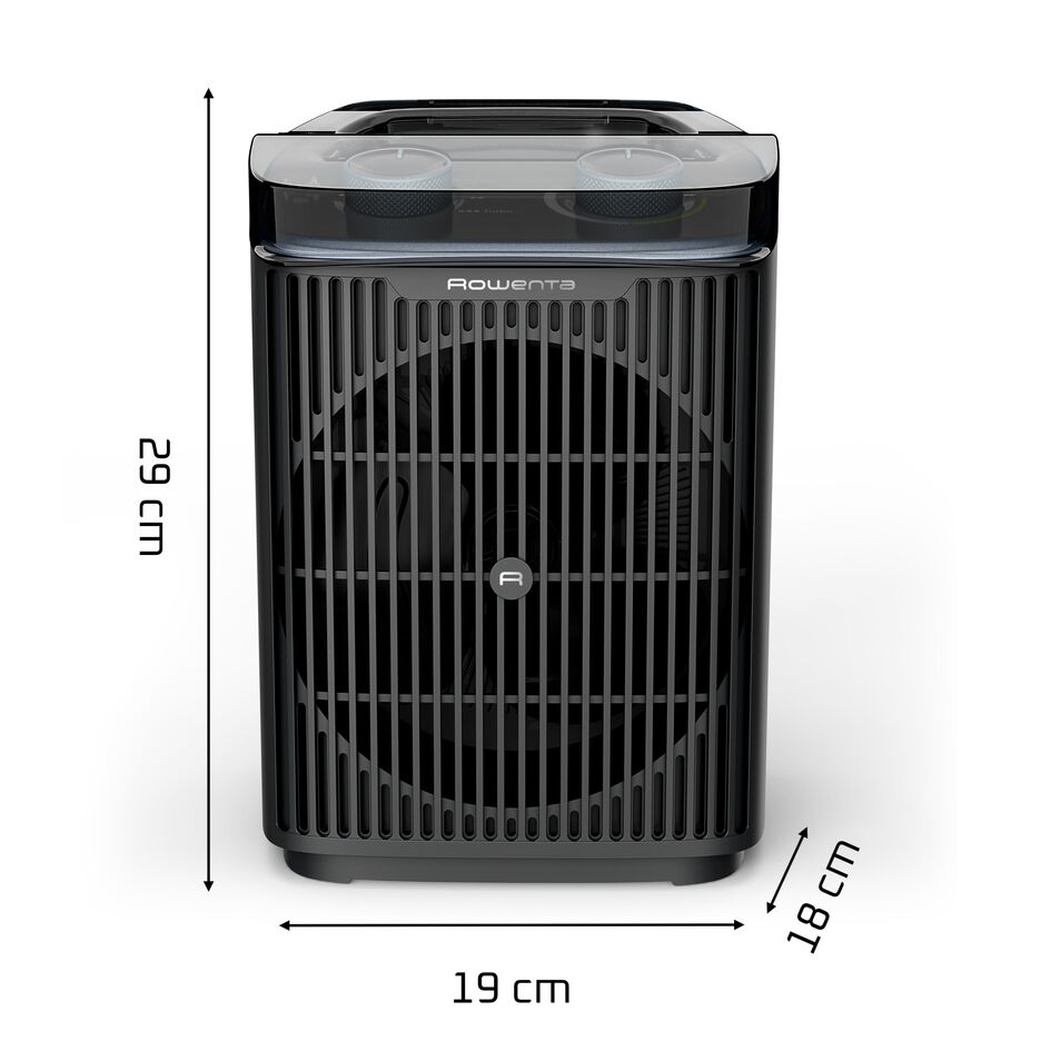 Un termoventilatore Rowenta nero con dimensioni 29 cm di altezza, 19 cm di larghezza e 18 cm di profondità su sfondo bianco.