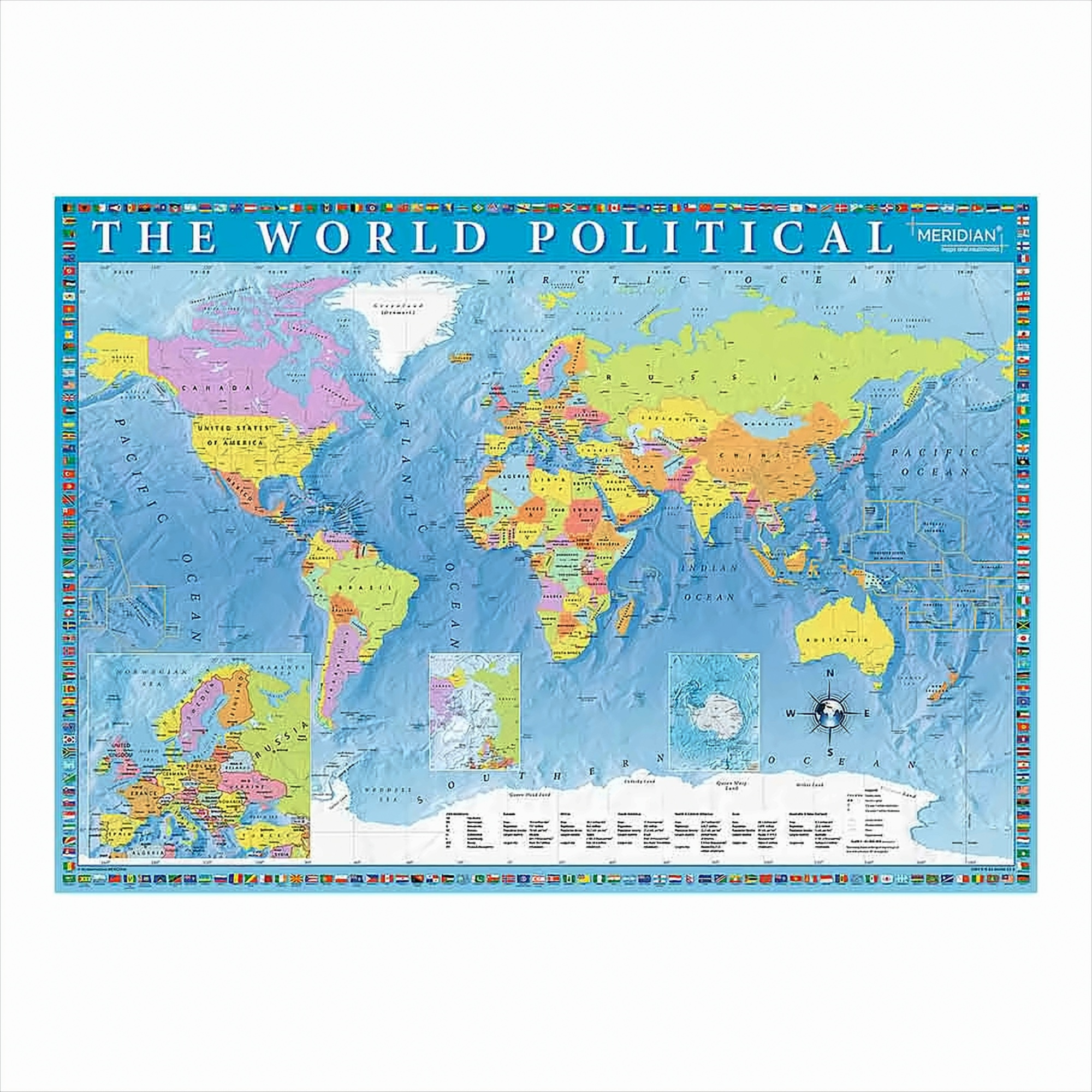 Une carte du monde politique colorée avec des pays, des océans et des drapeaux.