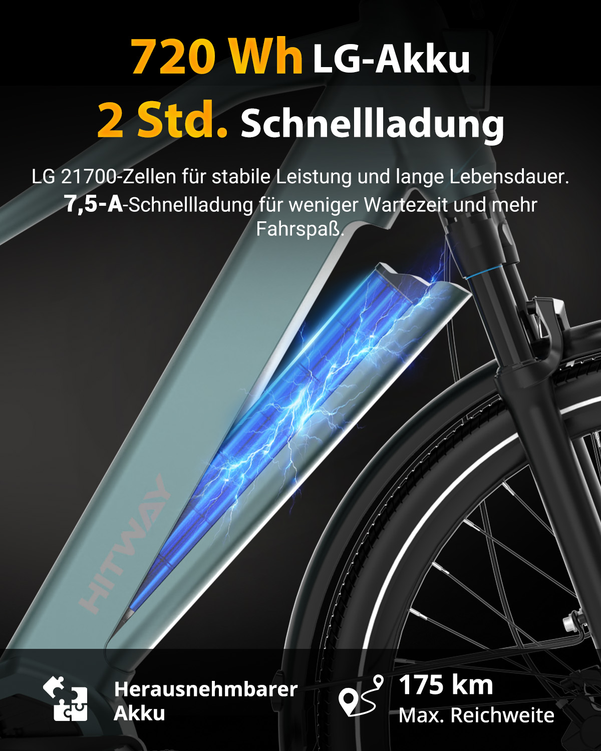 E-Bike Akku mit 720 Wh und elektrischen Effekten im Rahmen.