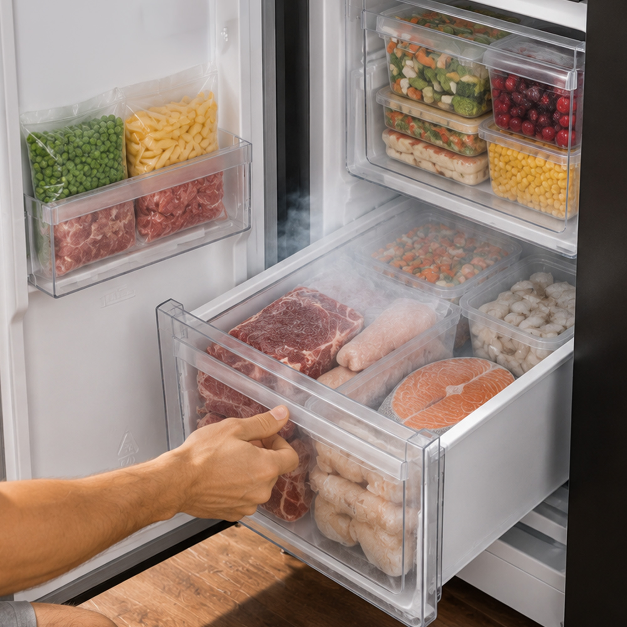 Person opens a frosty freezer drawer filled with meat, fish, and vegetables.