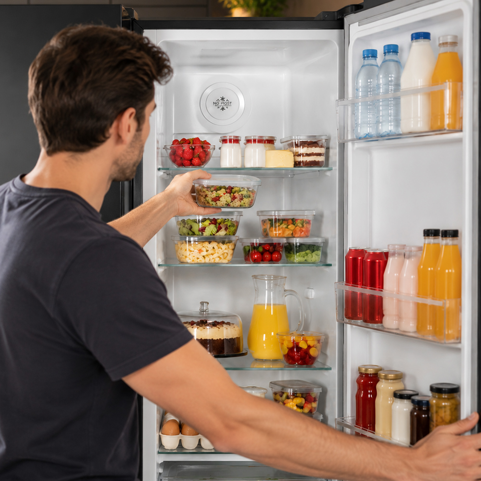A man in a dark shirt takes a container of food from an organized, well-stocked refrigerator.