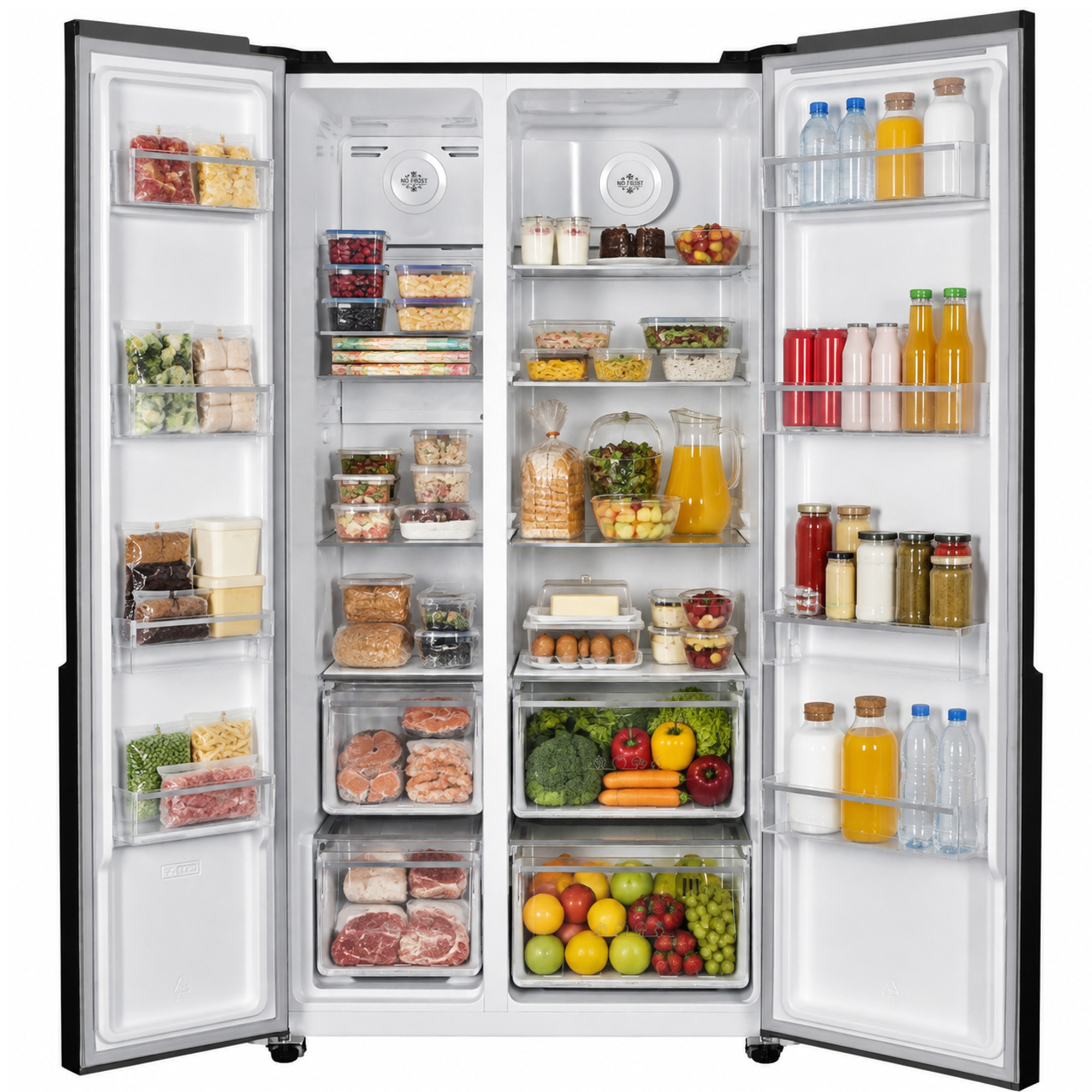 An open, well-stocked refrigerator with fresh food, vegetables, beverages, and containers.