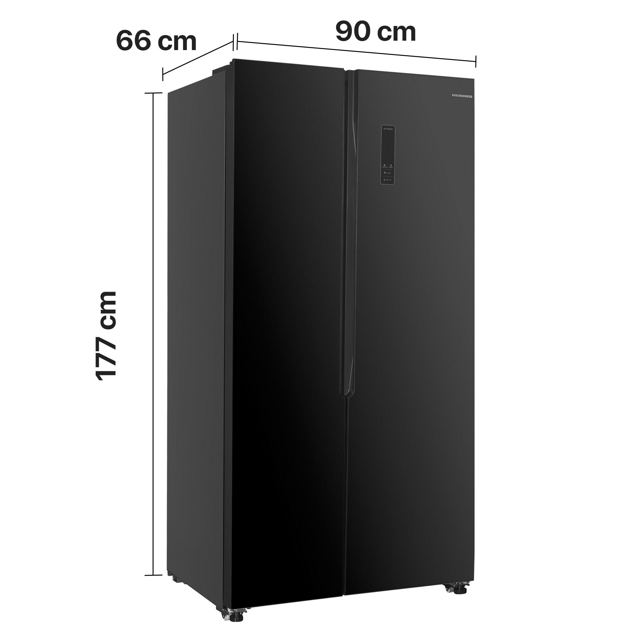 A black side-by-side refrigerator showing dimensions of 177 cm height, 90 cm width, and 66 cm depth.