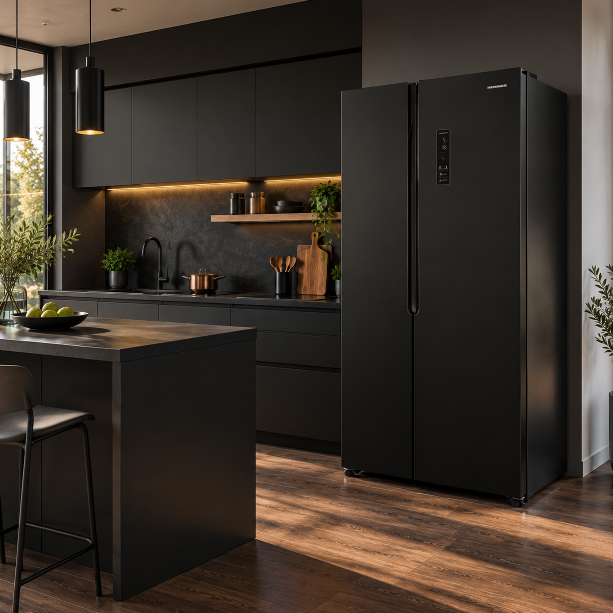 Modern black kitchen with a large refrigerator, dark cabinets, and wooden flooring.