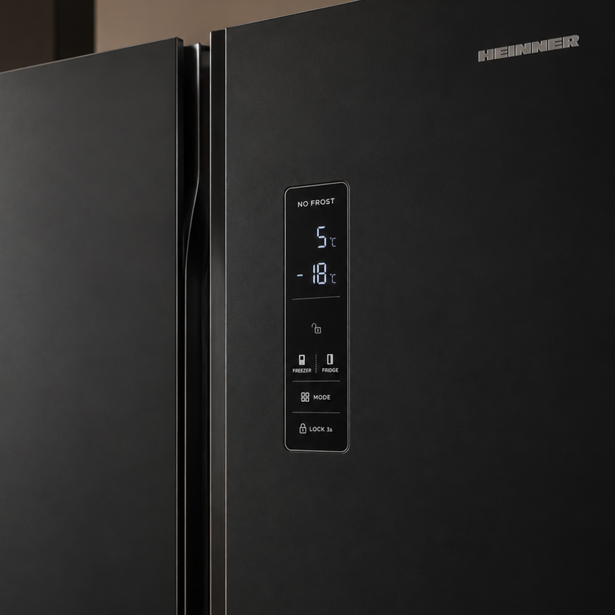 A black Heinner refrigerator featuring a digital display for temperature and settings on the front door.
