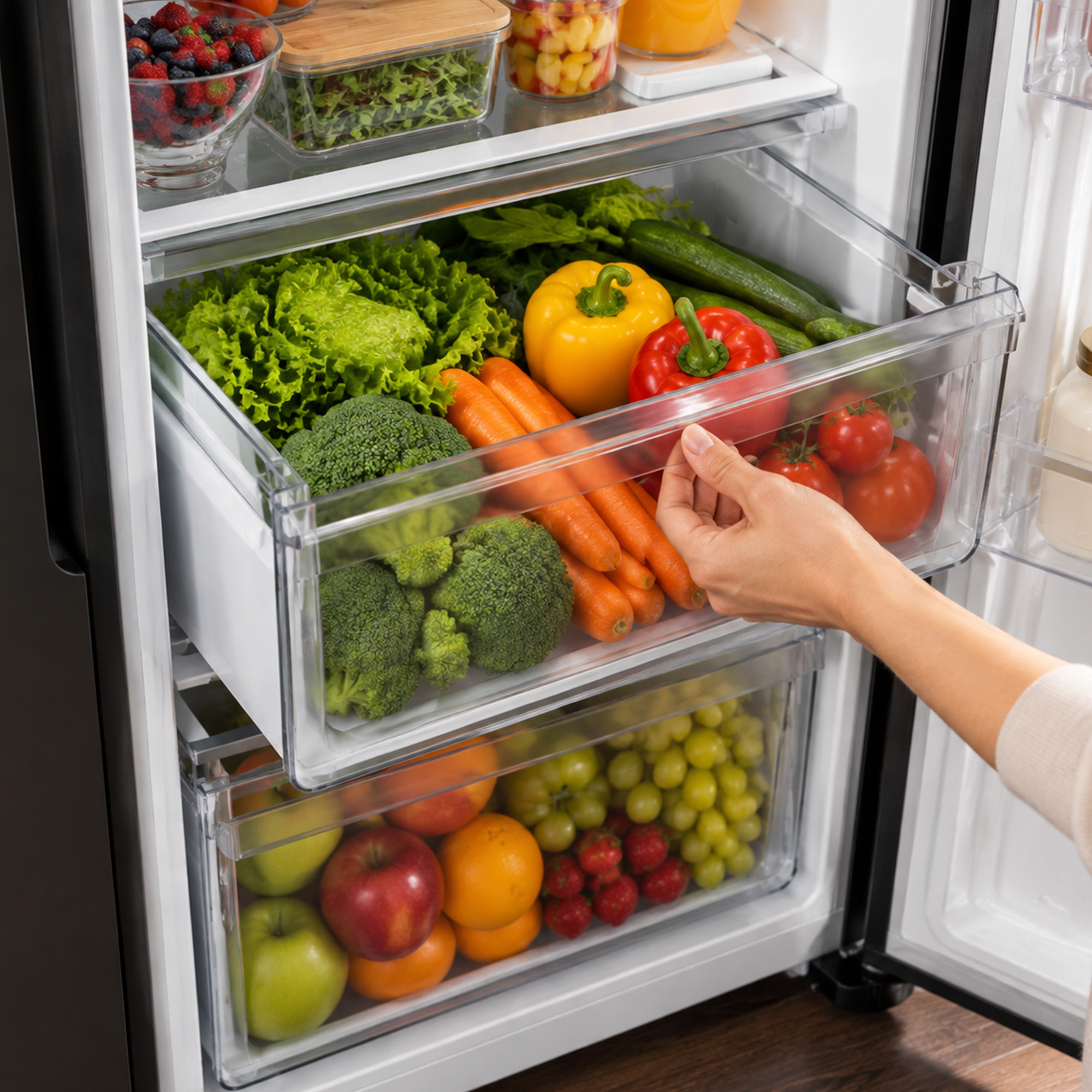 A hand opens a fridge crisper drawer filled with fresh lettuce, broccoli, carrots, bell peppers, and tomatoes.