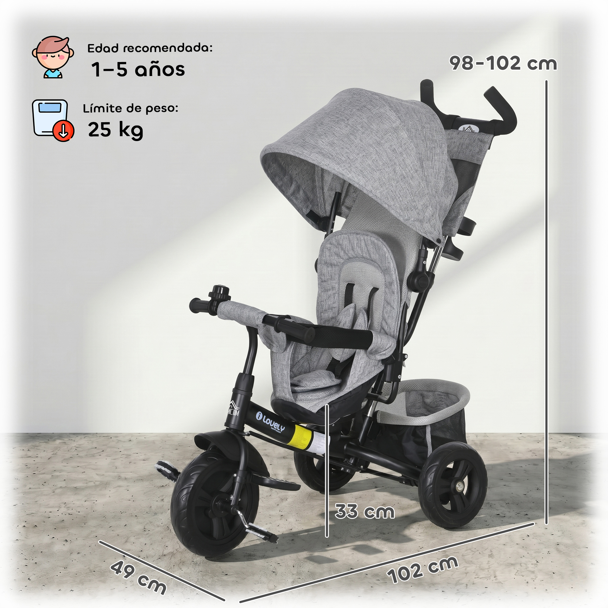 Cochecito triciclo gris para niños con capota, barra y medidas.