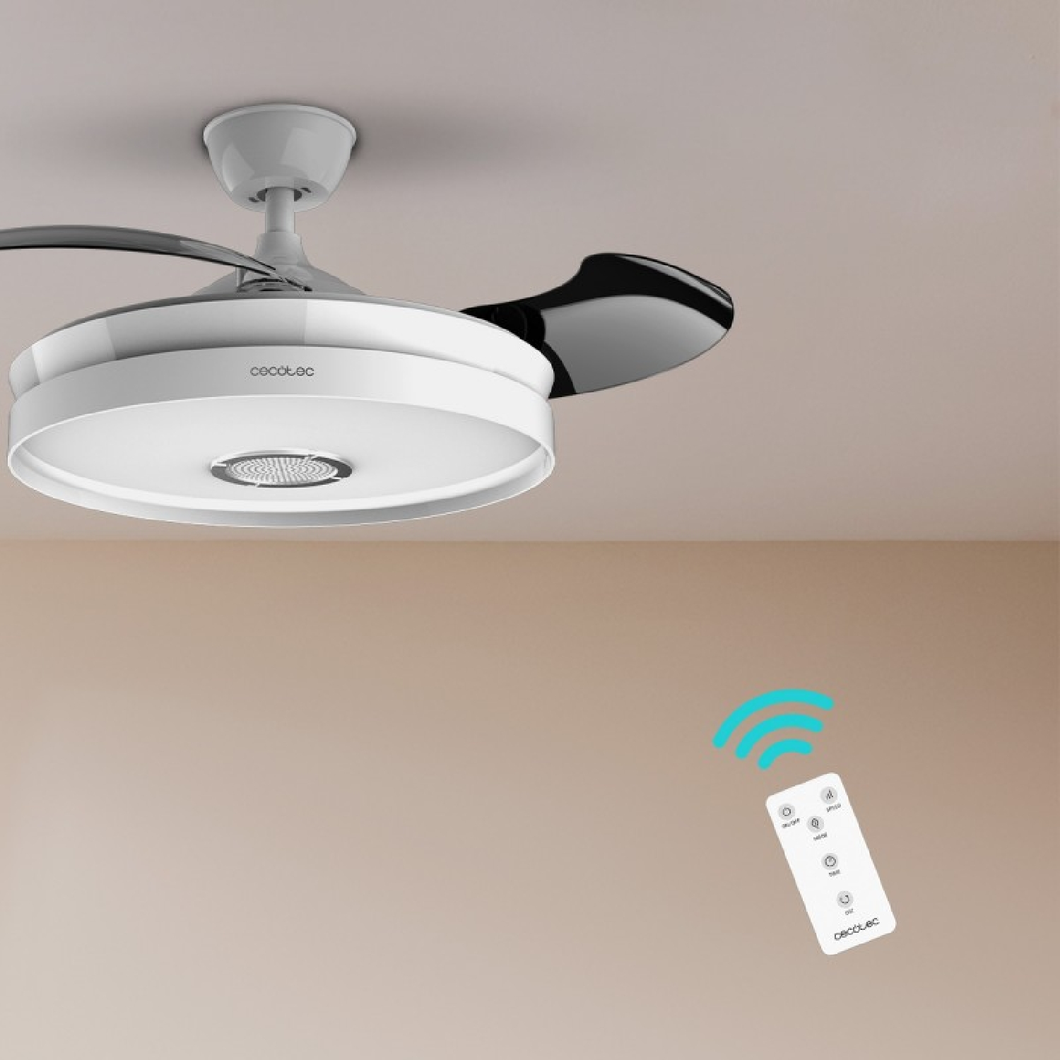 Un ventilador de techo blanco y negro con luz integrada y un control remoto blanco con ondas de señal azules.