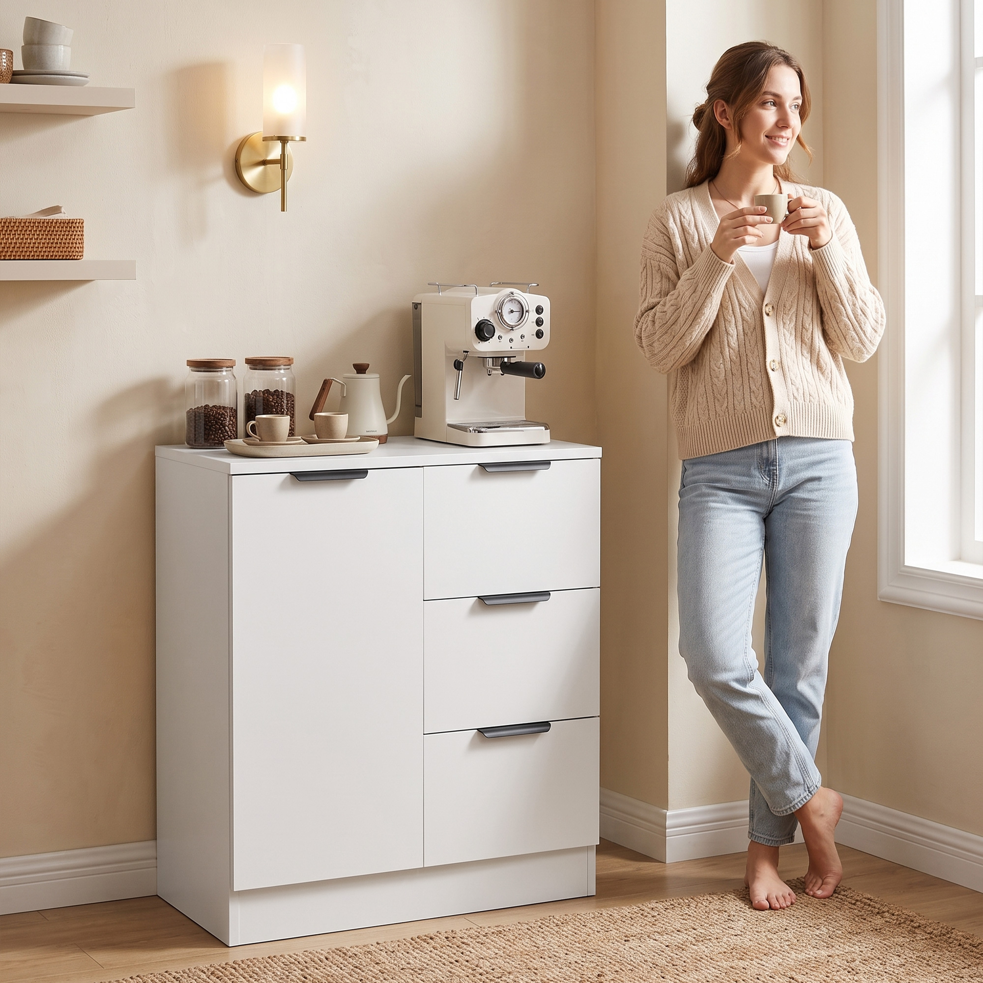 Una mujer sostiene una taza de café en una cocina luminosa con un mueble blanco, cafetera y tarros.