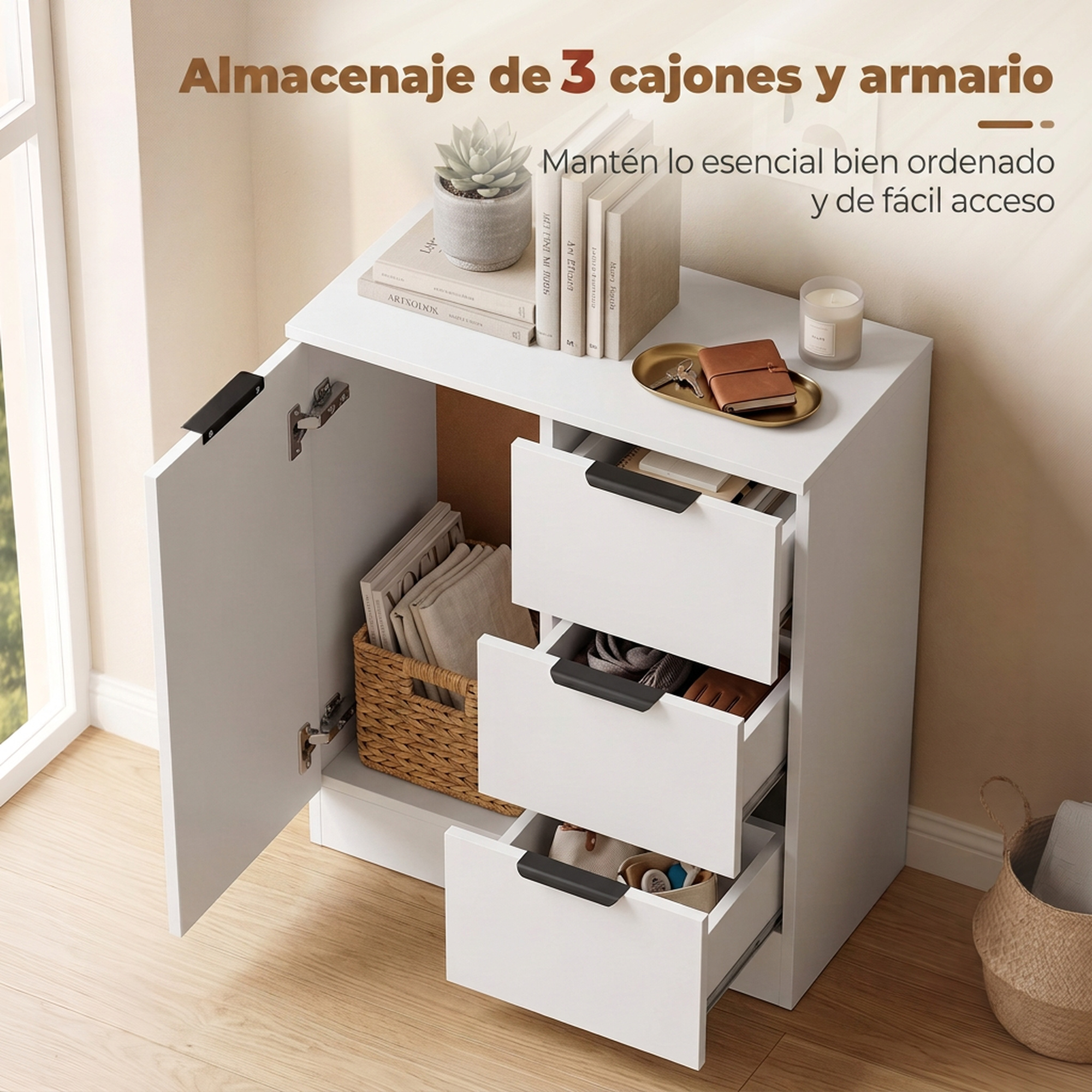 Armario blanco con tres cajones abiertos y una puerta abierta, decorado con libros y una planta encima.