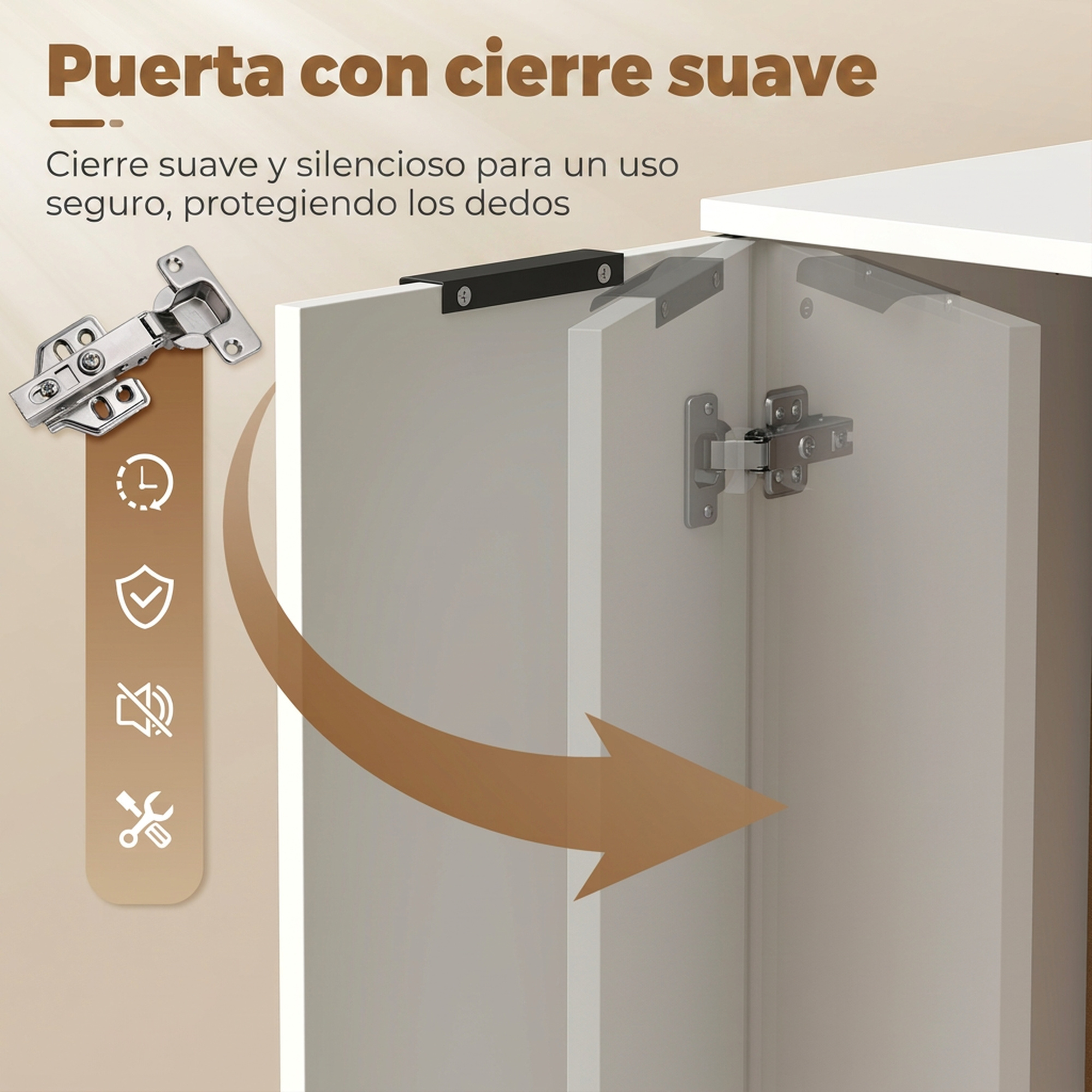 Bisagra de puerta con cierre suave, con iconos que muestran seguridad y funcionamiento silencioso.