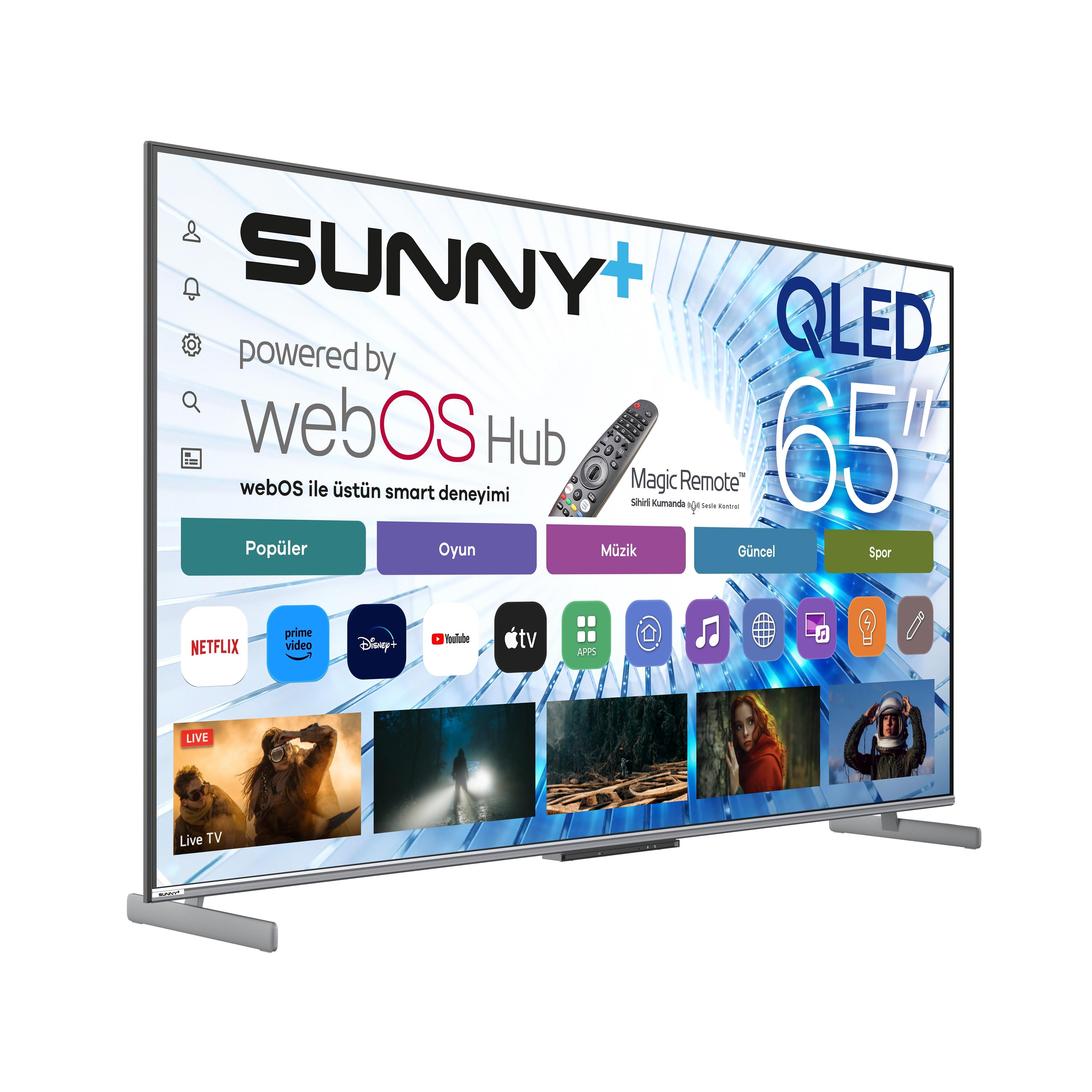 Uygulama simgeleri ve uzaktan kumanda ile webOS Hub arayüzünü gösteren Sunny 65 inç QLED TV.