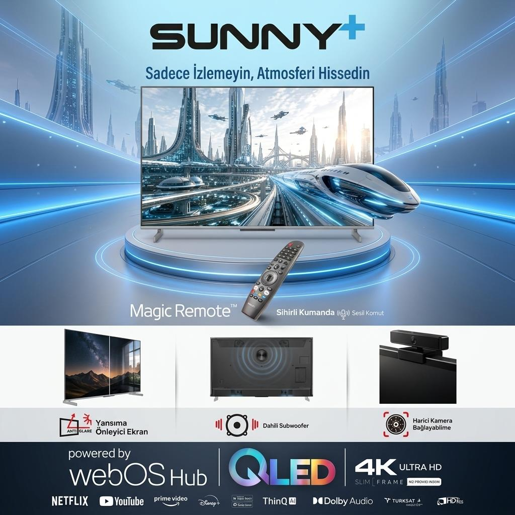 Fütüristik şehir arka planında webOS Hub, Sihirli Kumanda, 4K UHD ve dahili subwoofer özellikli Sunny+ QLED TV.