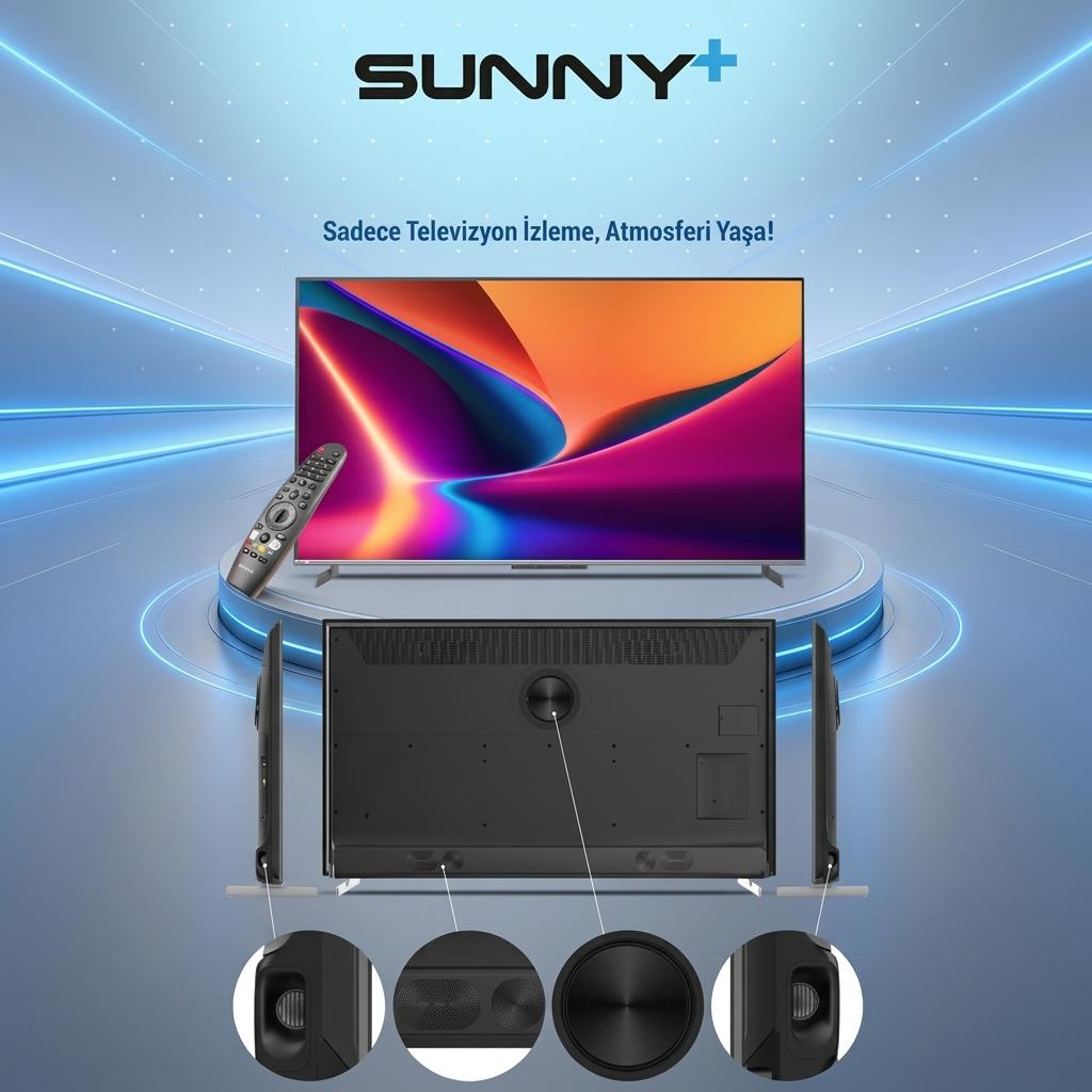Mavi arka plan üzerinde renkli ekranlı, uzaktan kumandalı ve detay görünümlü Sunny Plus TV.