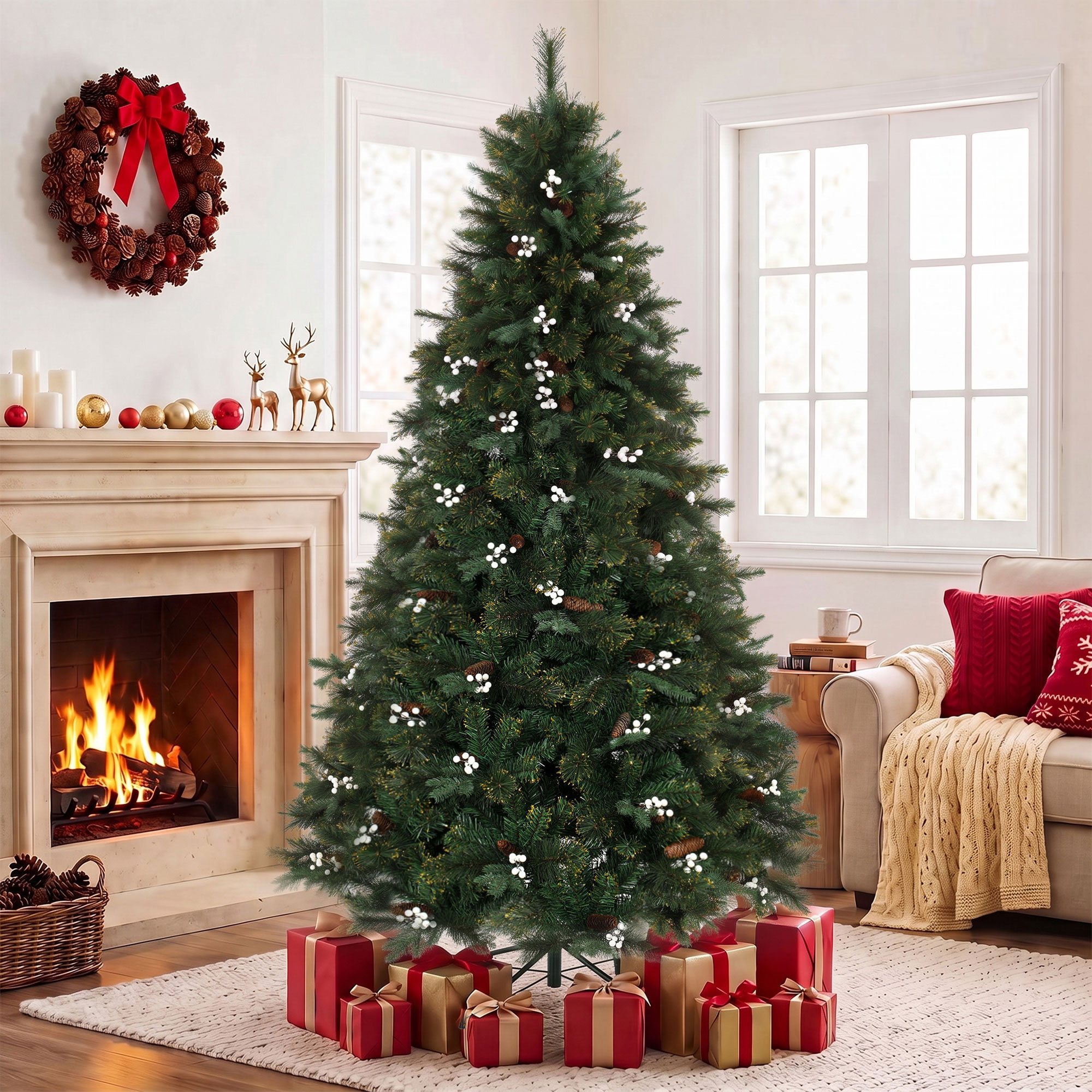 Un árbol de Navidad decorado se encuentra en una sala con chimenea, regalos envueltos y una ventana al fondo.
