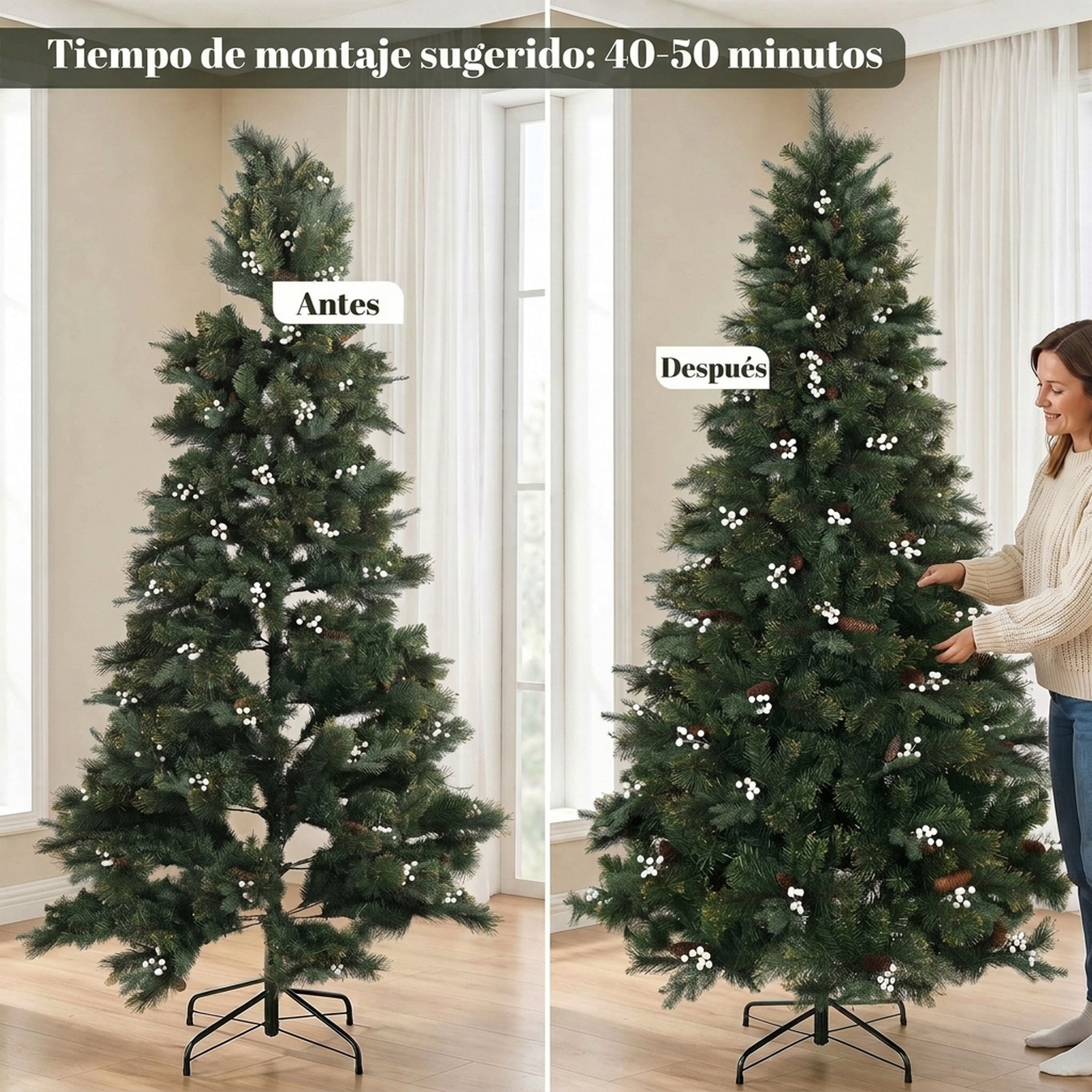 Comparación de un árbol de Navidad artificial escaso y otro totalmente desplegado junto a una mujer.