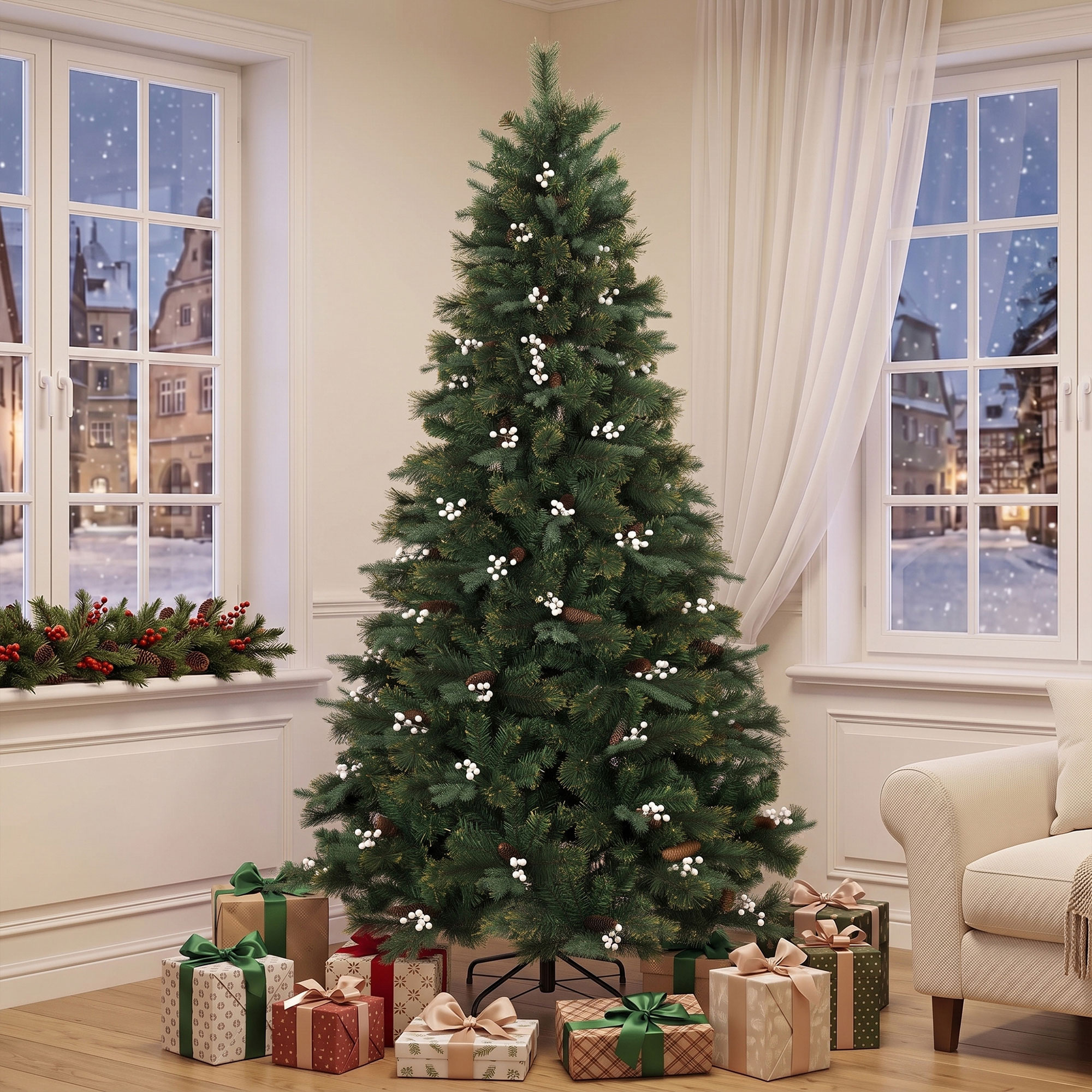 Un árbol de Navidad está en el interior ante ventanas nevadas, rodeado de regalos envueltos.
