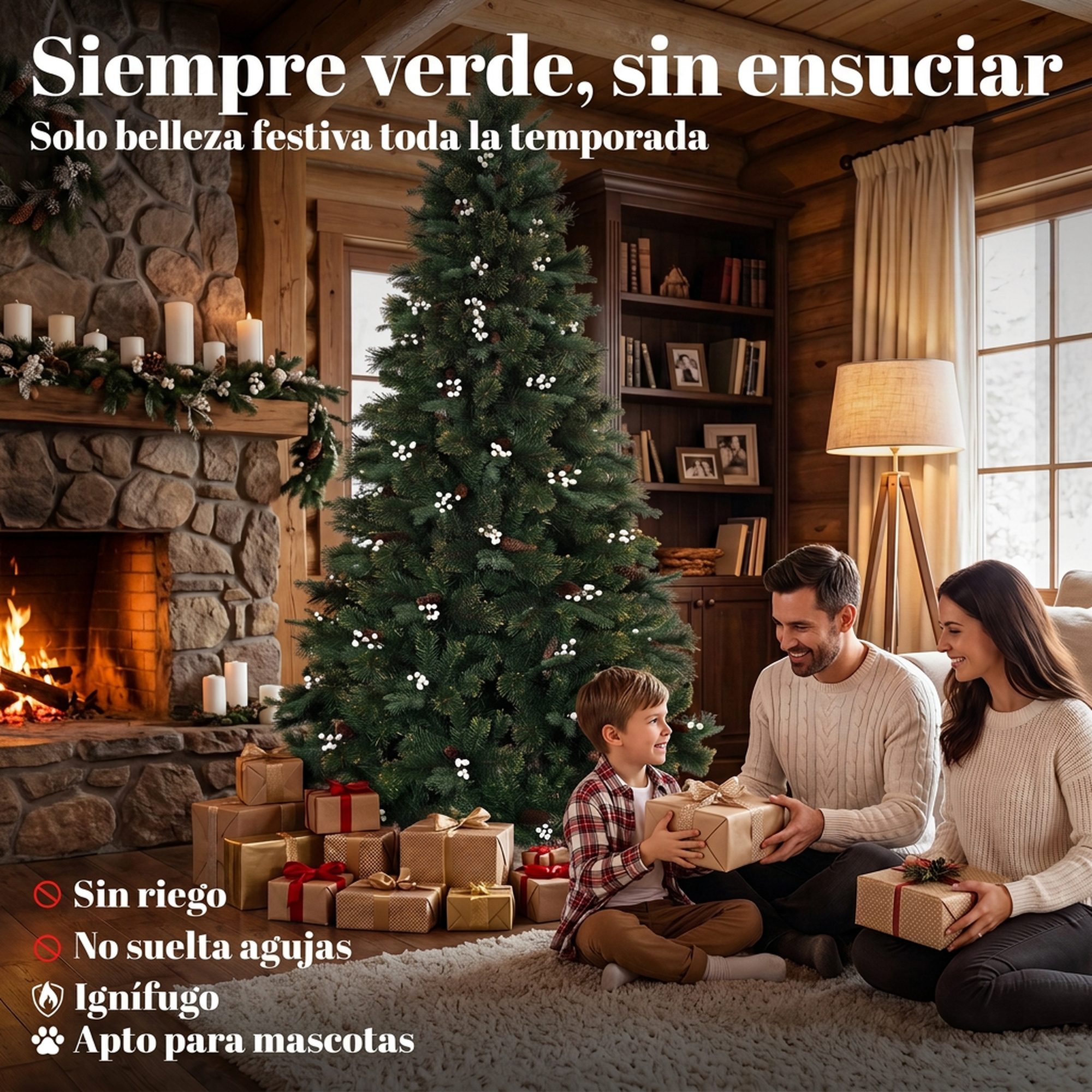 Familia abriendo regalos de Navidad frente a un árbol decorado y chimenea en una cabaña.