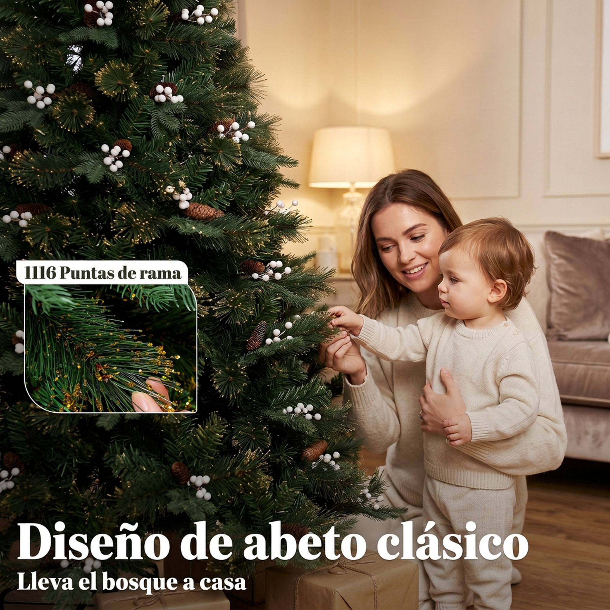 Una mujer y un niño pequeño decoran juntos un gran árbol de Navidad en una habitación acogedora.