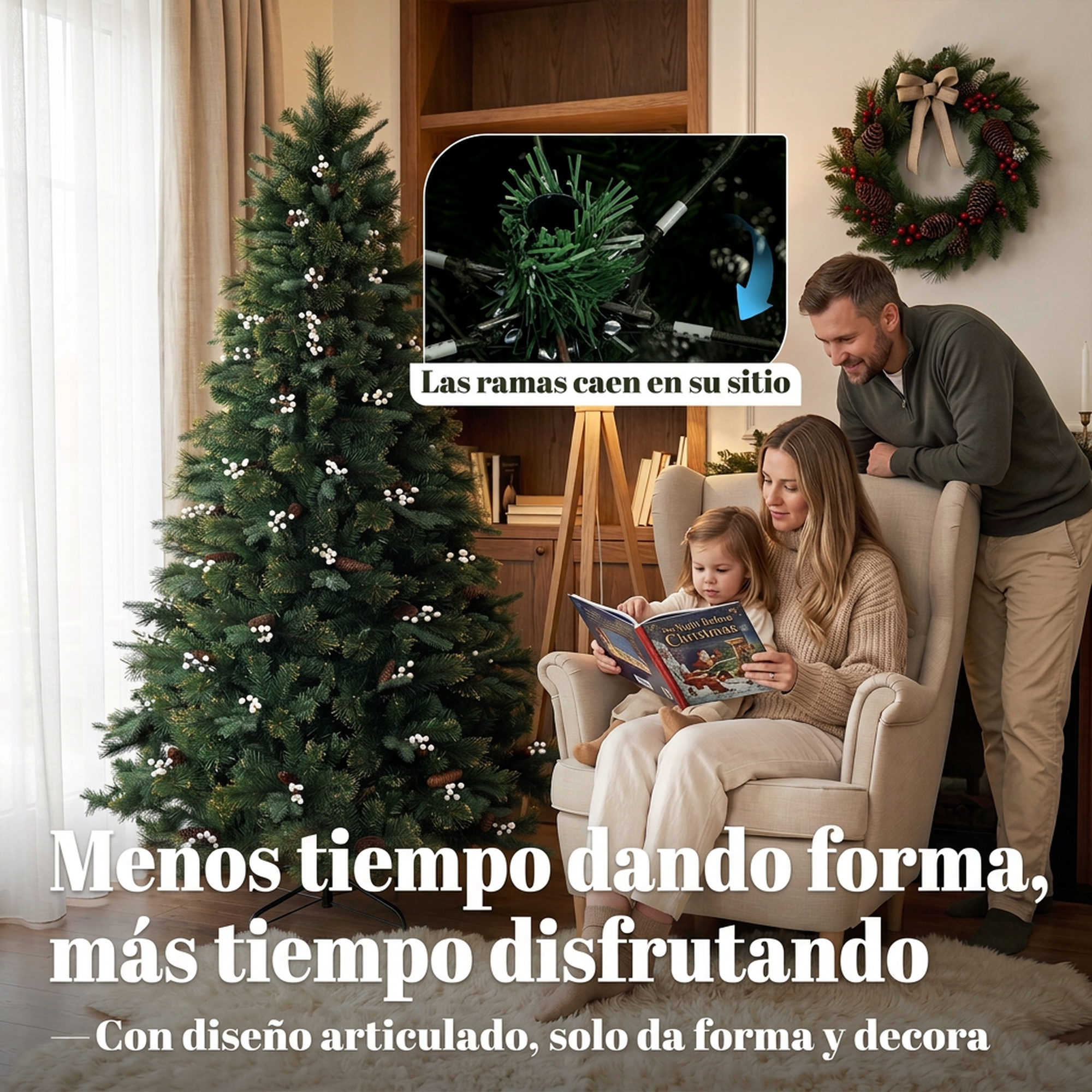 Familia junto a un árbol de navidad con ramas articuladas y texto en español.