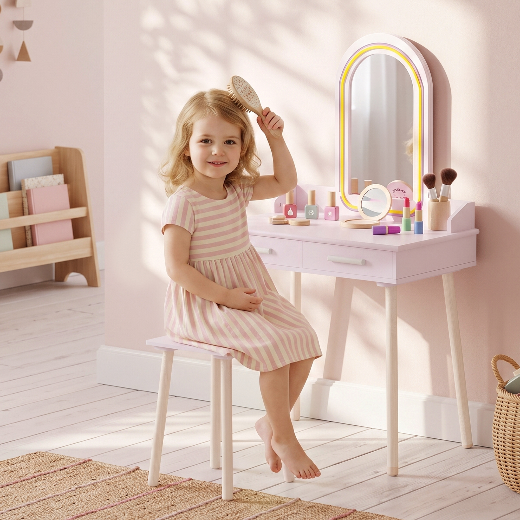 Una niña con un vestido de rayas se sienta en un tocador rosa, cepillándose el pelo.