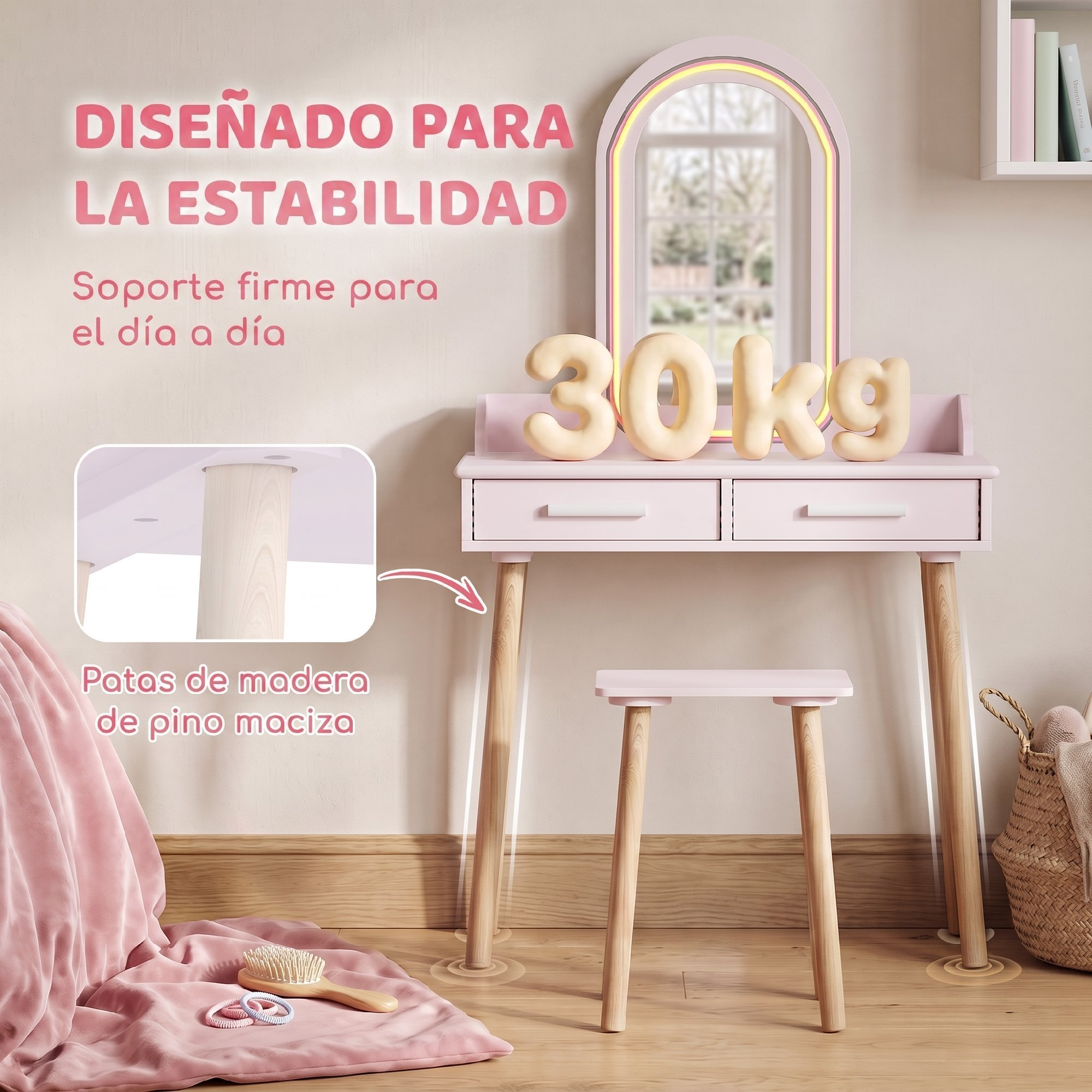 Tocador infantil rosa con espejo y taburete, patas de madera de pino y texto promocional.