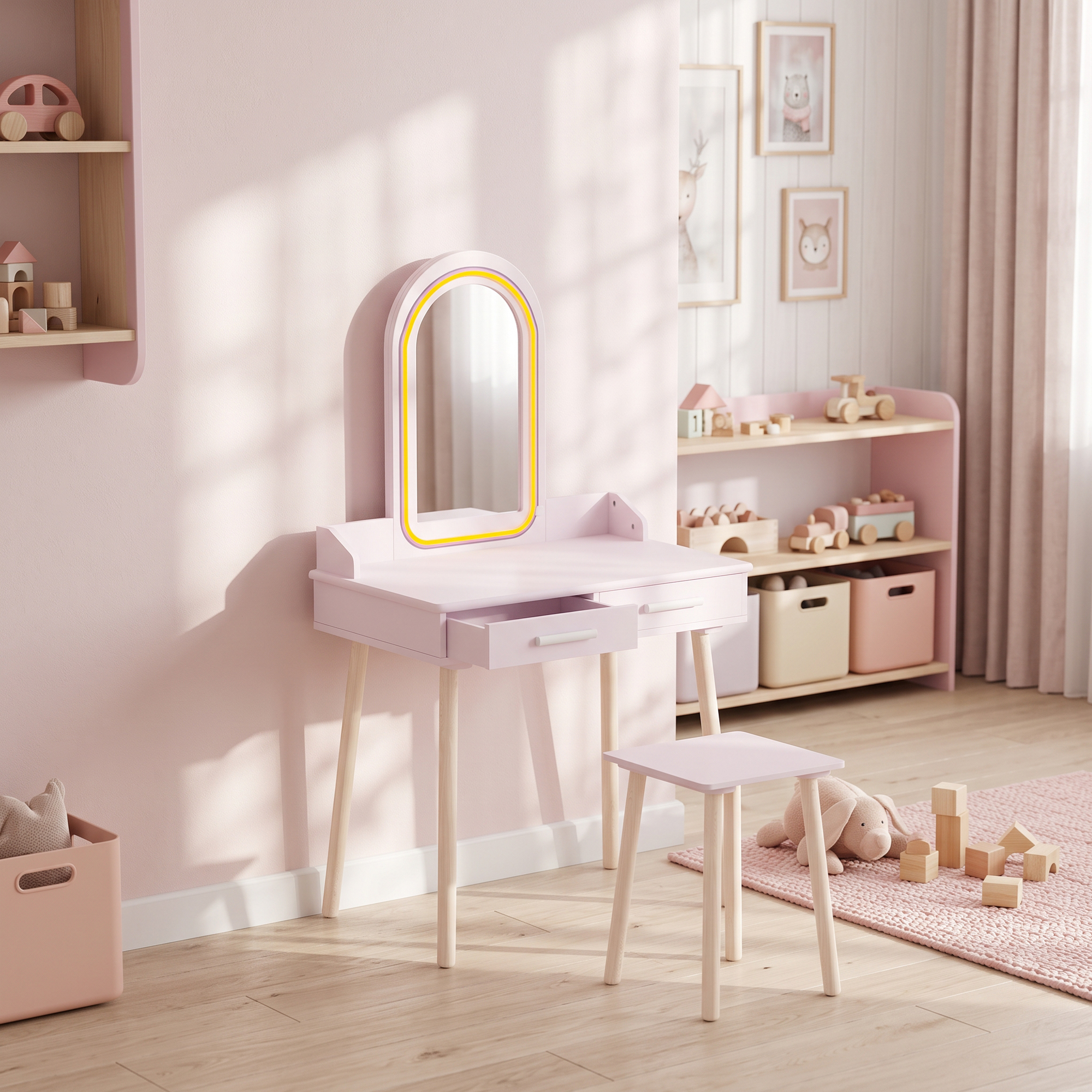 Tocador infantil rosa con espejo arqueado y taburete en una habitación luminosa con juguetes de madera.