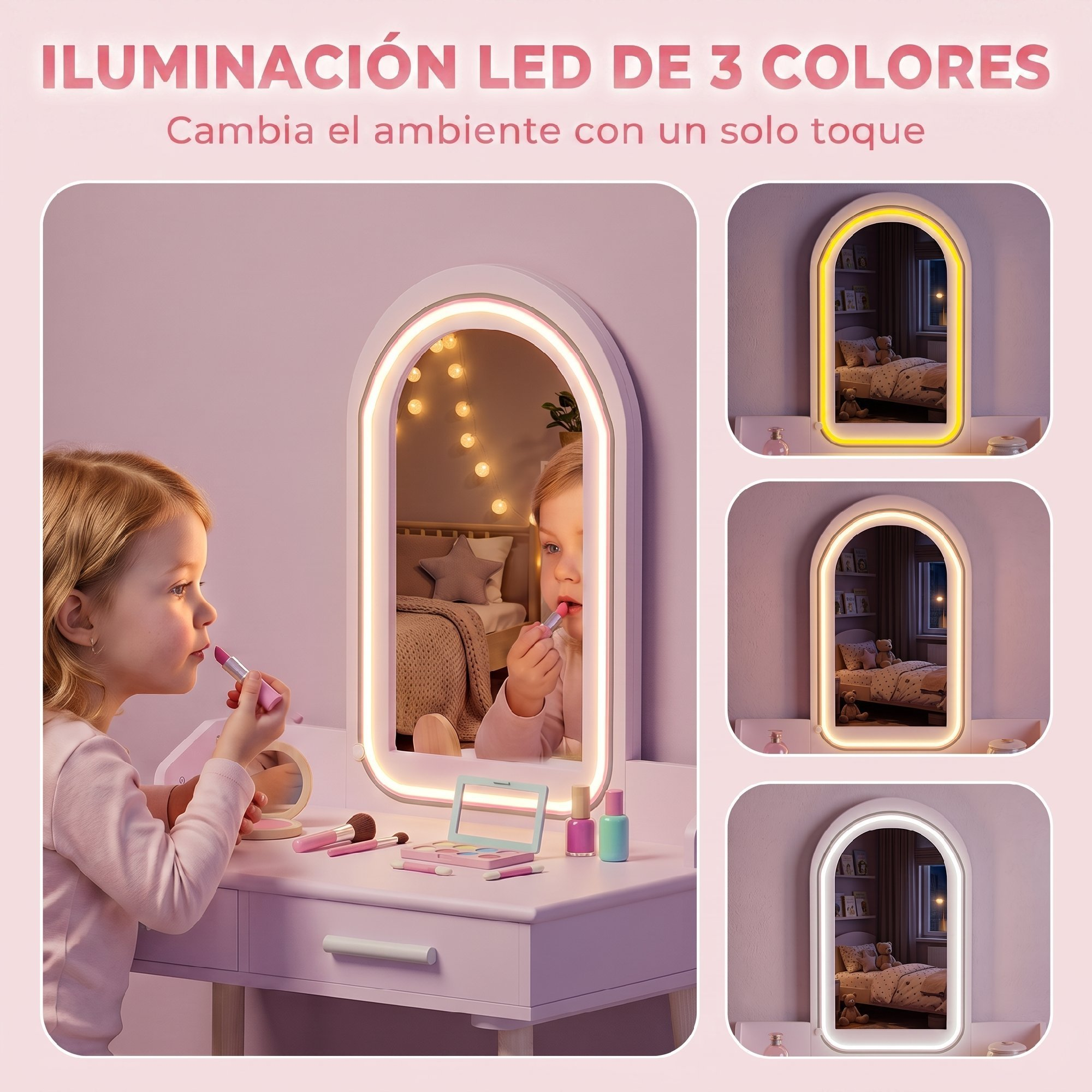 Niña se maquilla frente a un espejo LED con tres colores de luz.