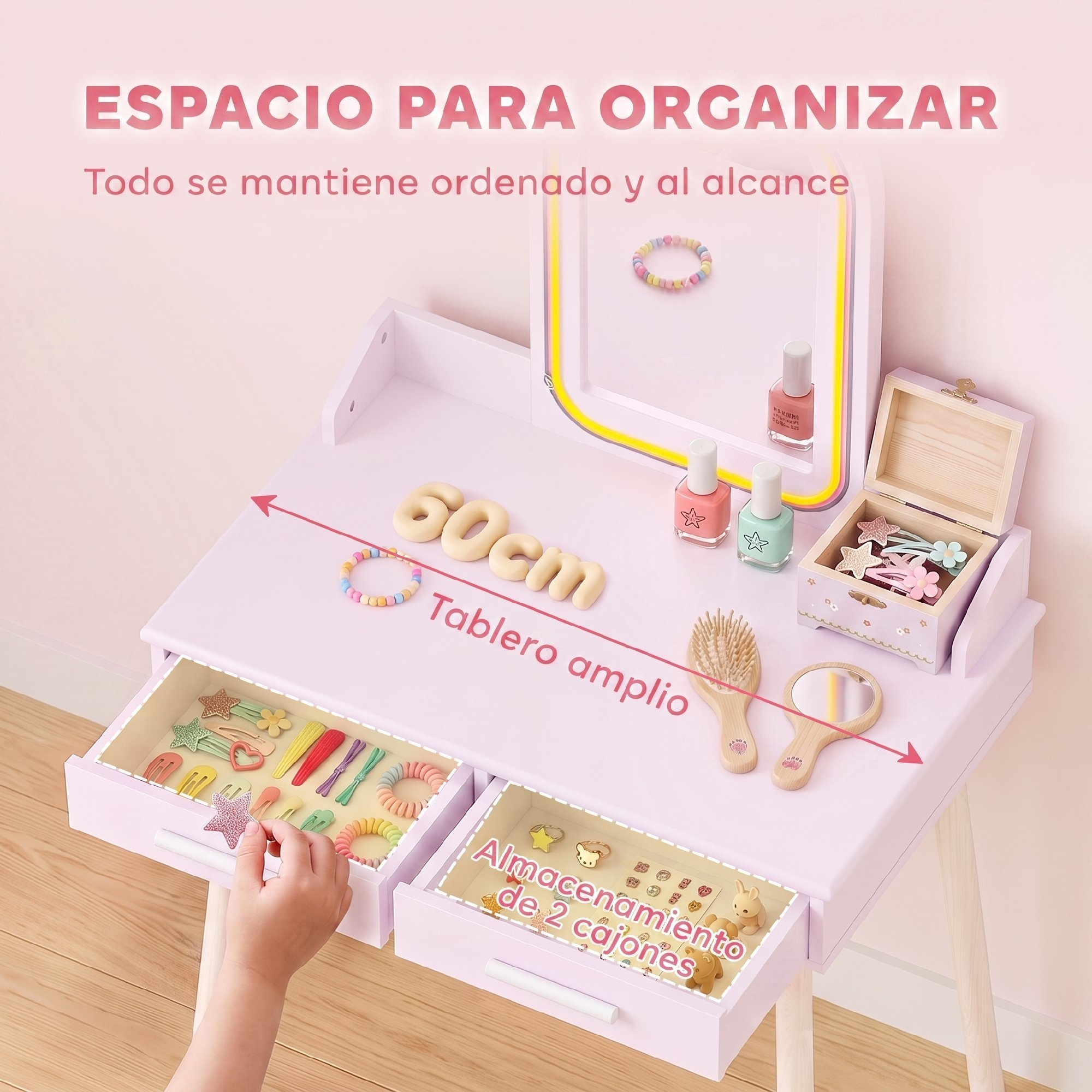 Tocador infantil lila claro con dos cajones, espejo, accesorios para el cabello y maquillaje ante una pared rosa.