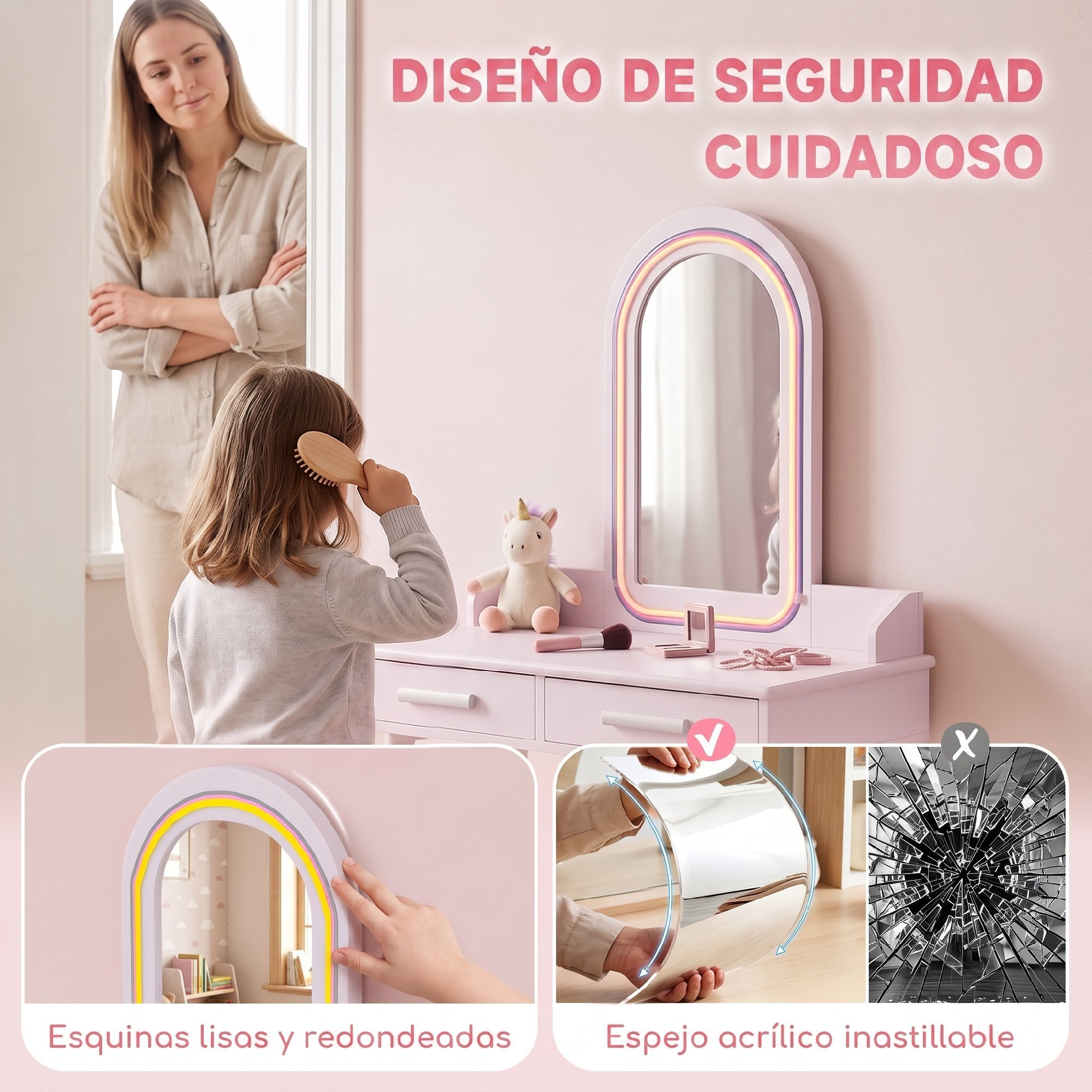 Una niña se cepilla el cabello en un tocador rosa mientras una mujer observa al fondo.