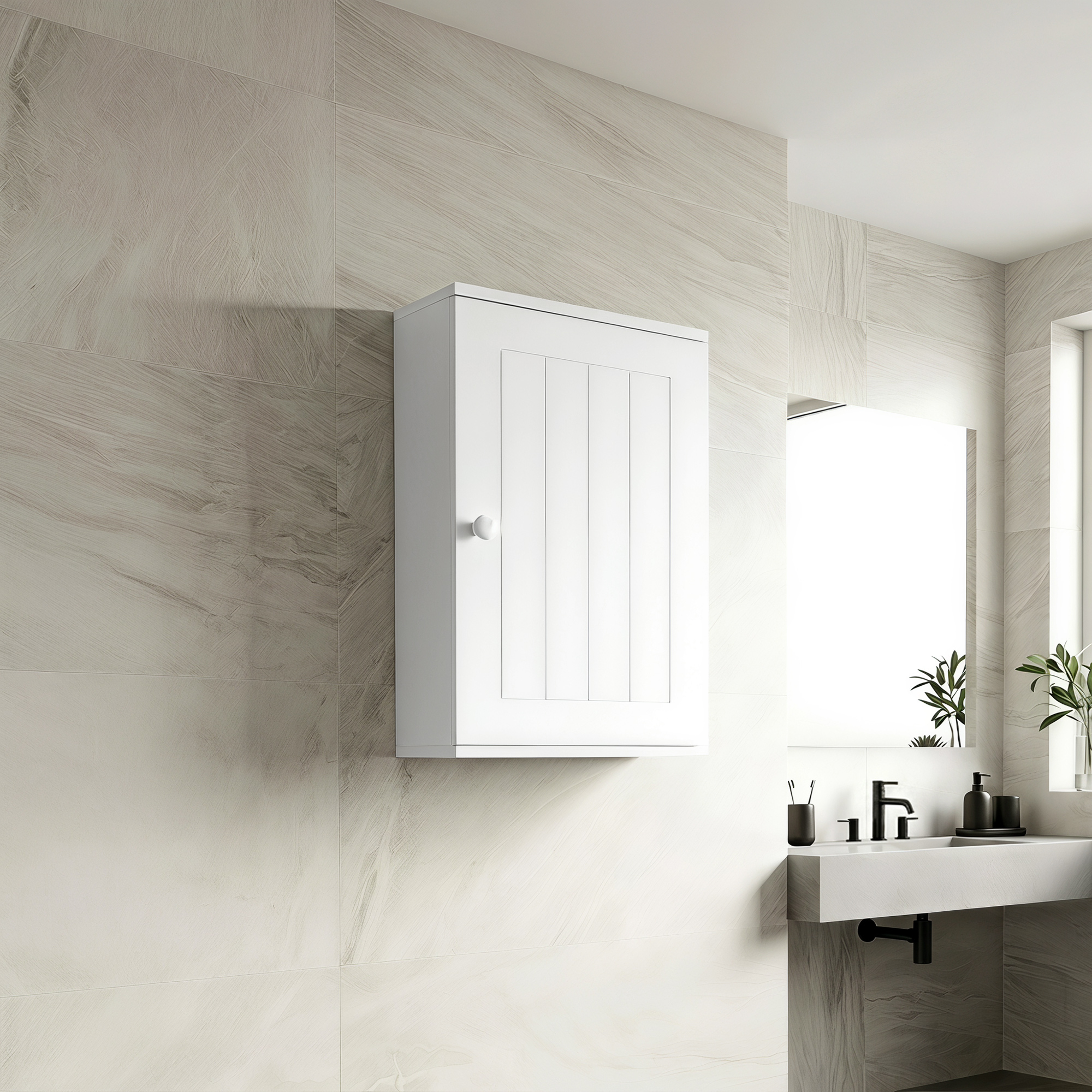 Un armario de pared blanco cuelga sobre un lavabo en un baño moderno con azulejos grises.