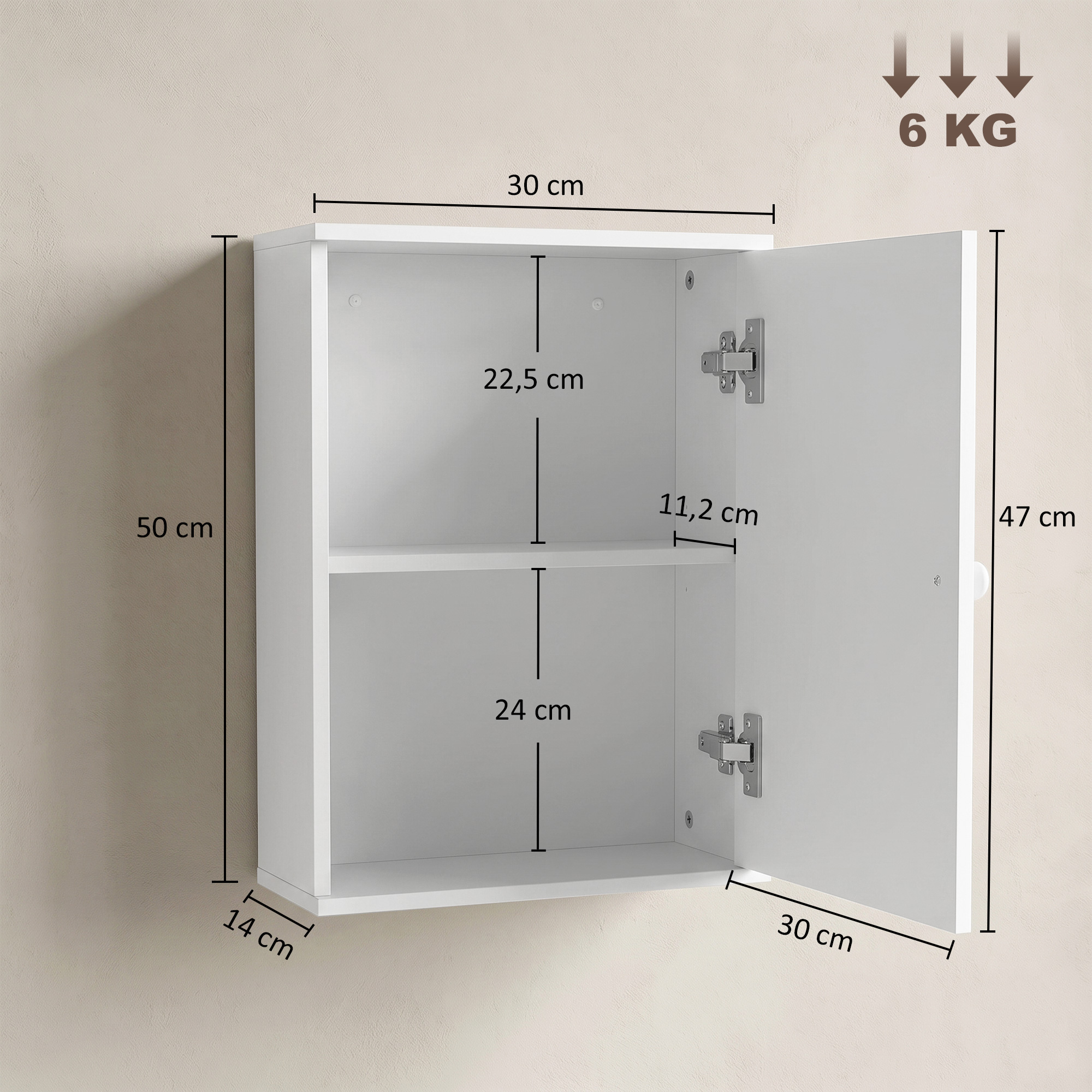 Armario de pared blanco con dimensiones, estante abierto y puerta con bisagras.