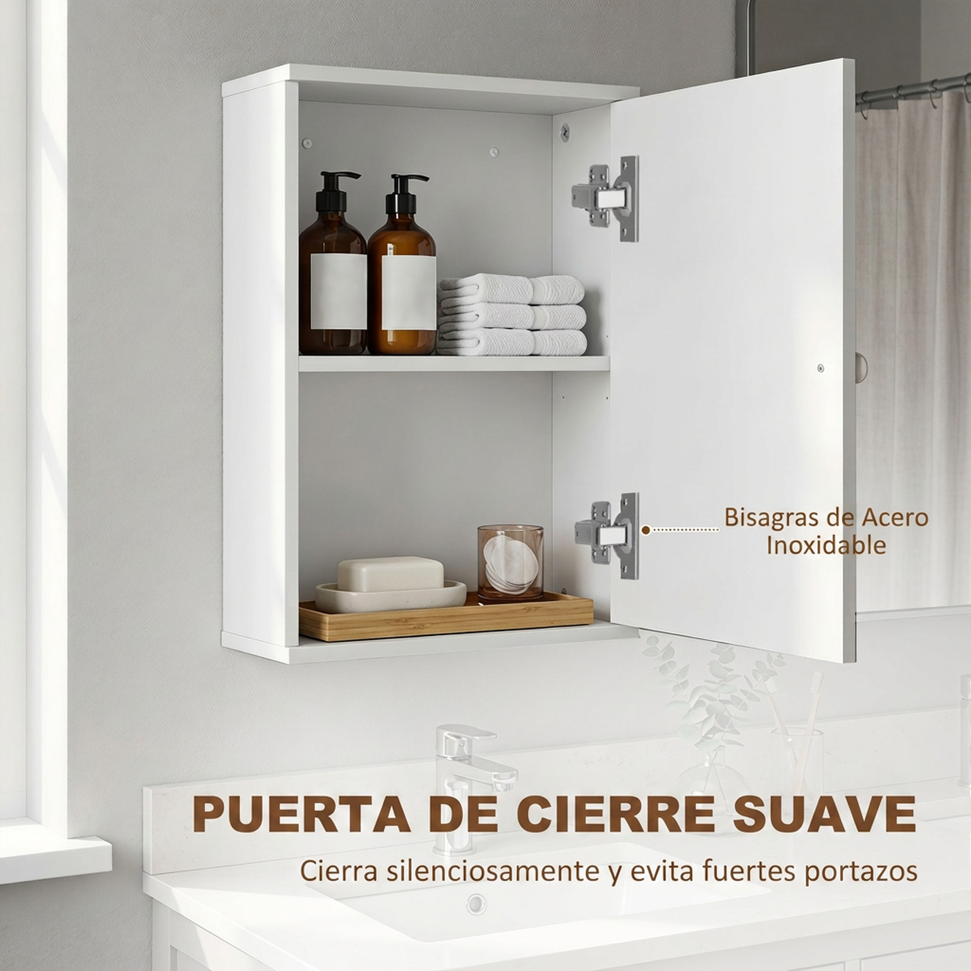 Armario de bano blanco con puerta abierta, botellas, toallas y jabon en estantes.