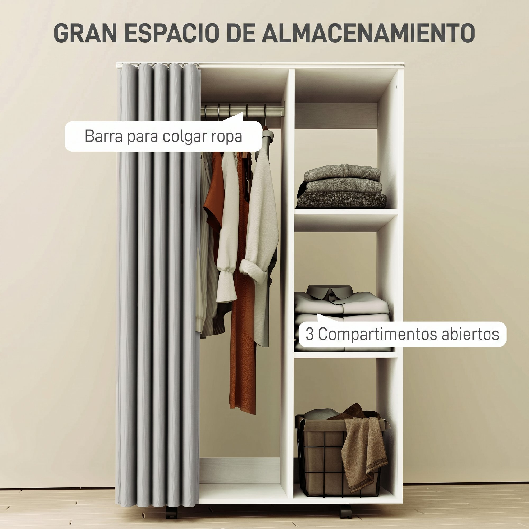 Armario blanco con cortina gris, barra para colgar ropa y tres estantes abiertos.