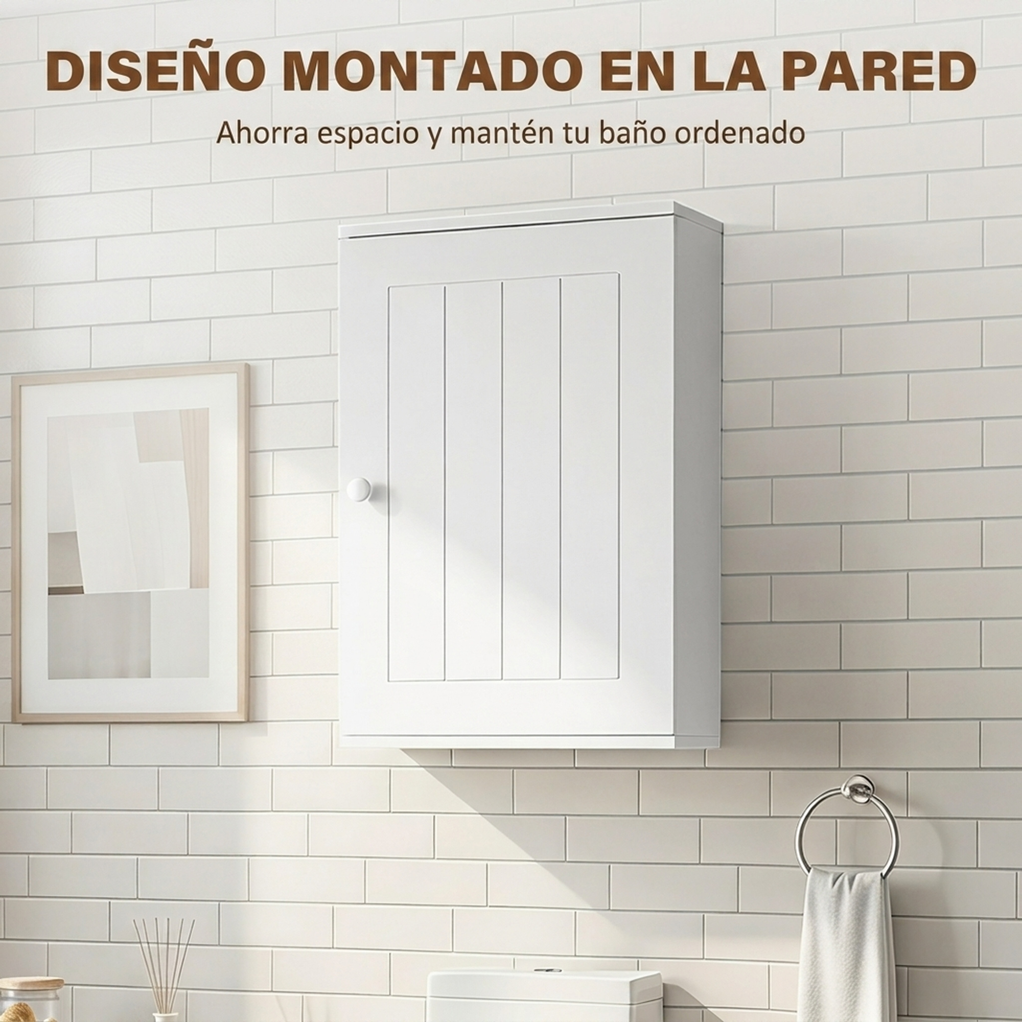 Un armario de pared blanco cuelga en una pared de azulejos blancos, junto a un cuadro y un toallero.