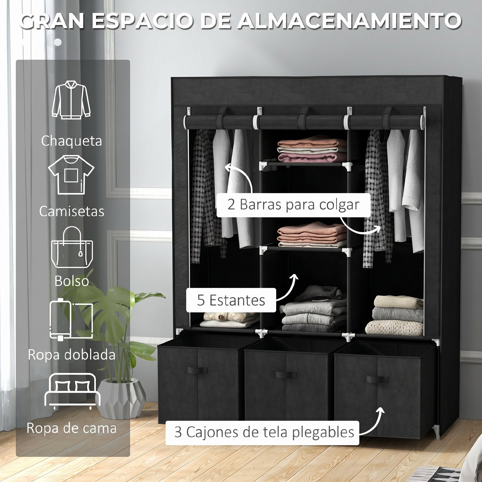 Un gran armario de tela negro con barras para colgar, estantes y tres cajones de tela.