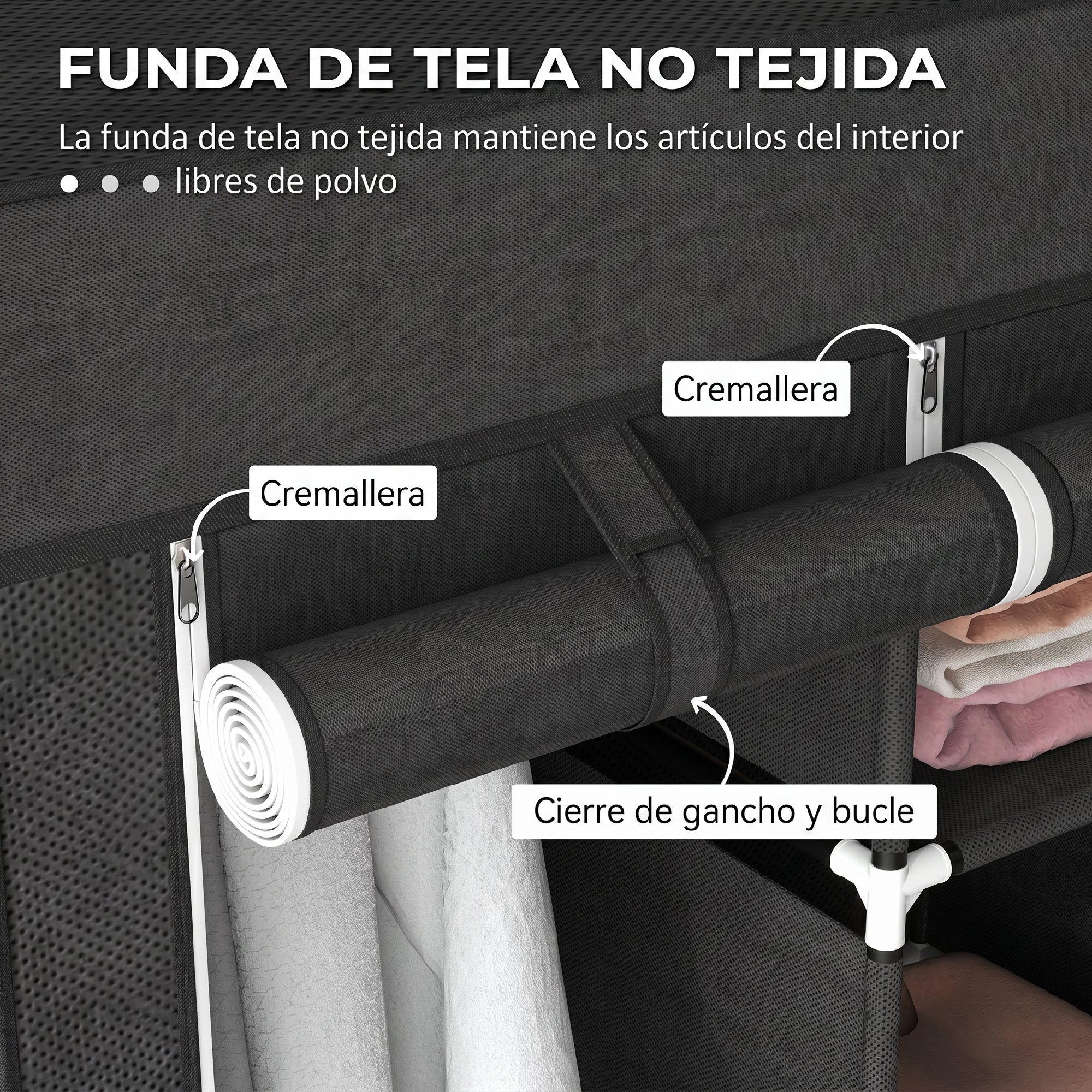 Fundas de tela no tejida negra con cremalleras y cierre de gancho.