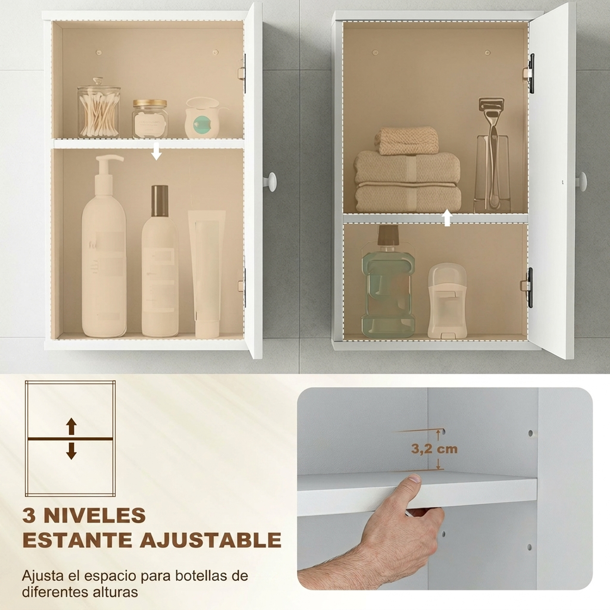 Dos armarios de baño blancos con estantes ajustables, llenos de artículos de aseo, toallas y botellas.