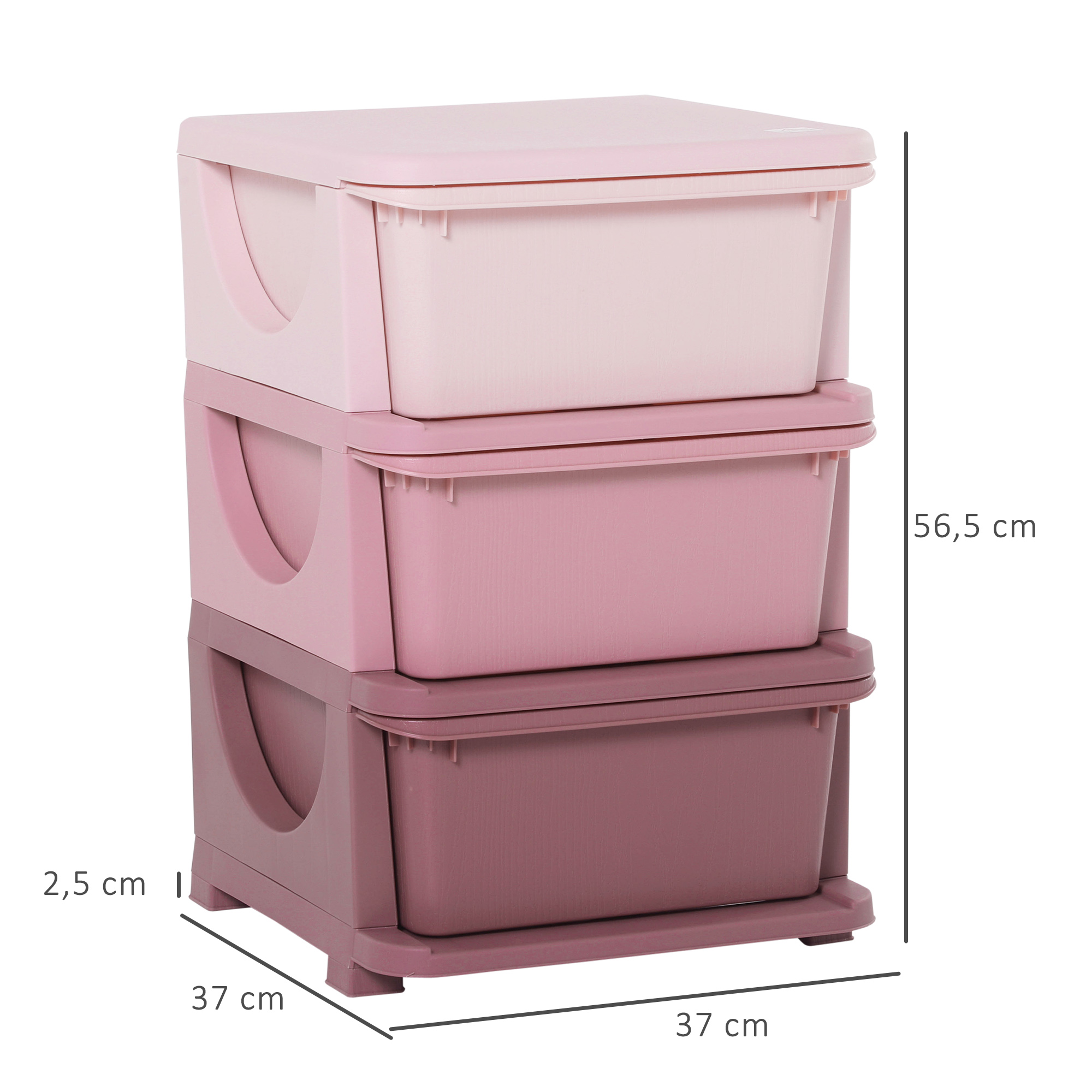Una pila de tres cajas de almacenamiento de plástico rosa con dimensiones sobre fondo blanco.