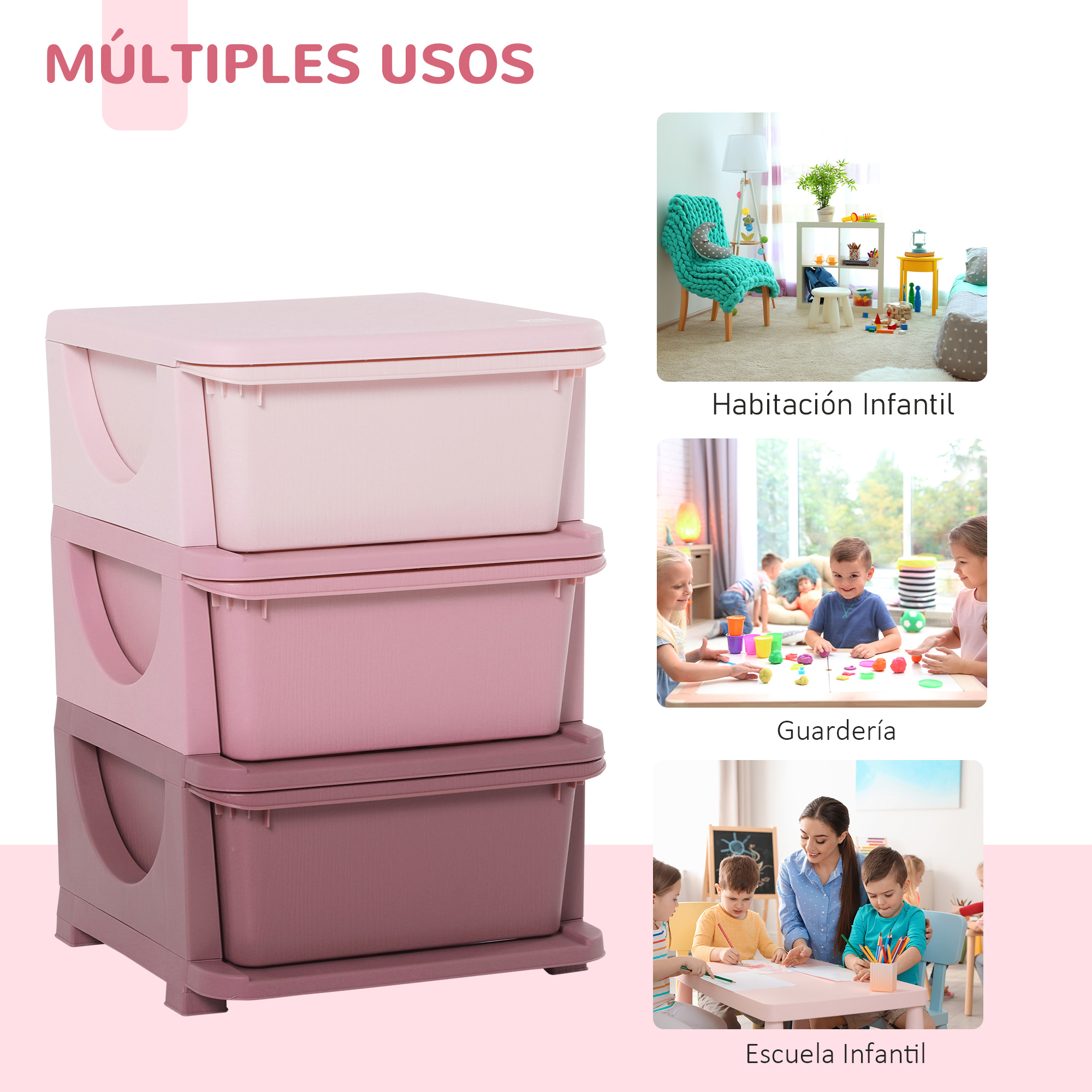 Tres cajas de almacenamiento rosas apiladas con tres imágenes pequeñas de habitaciones infantiles.