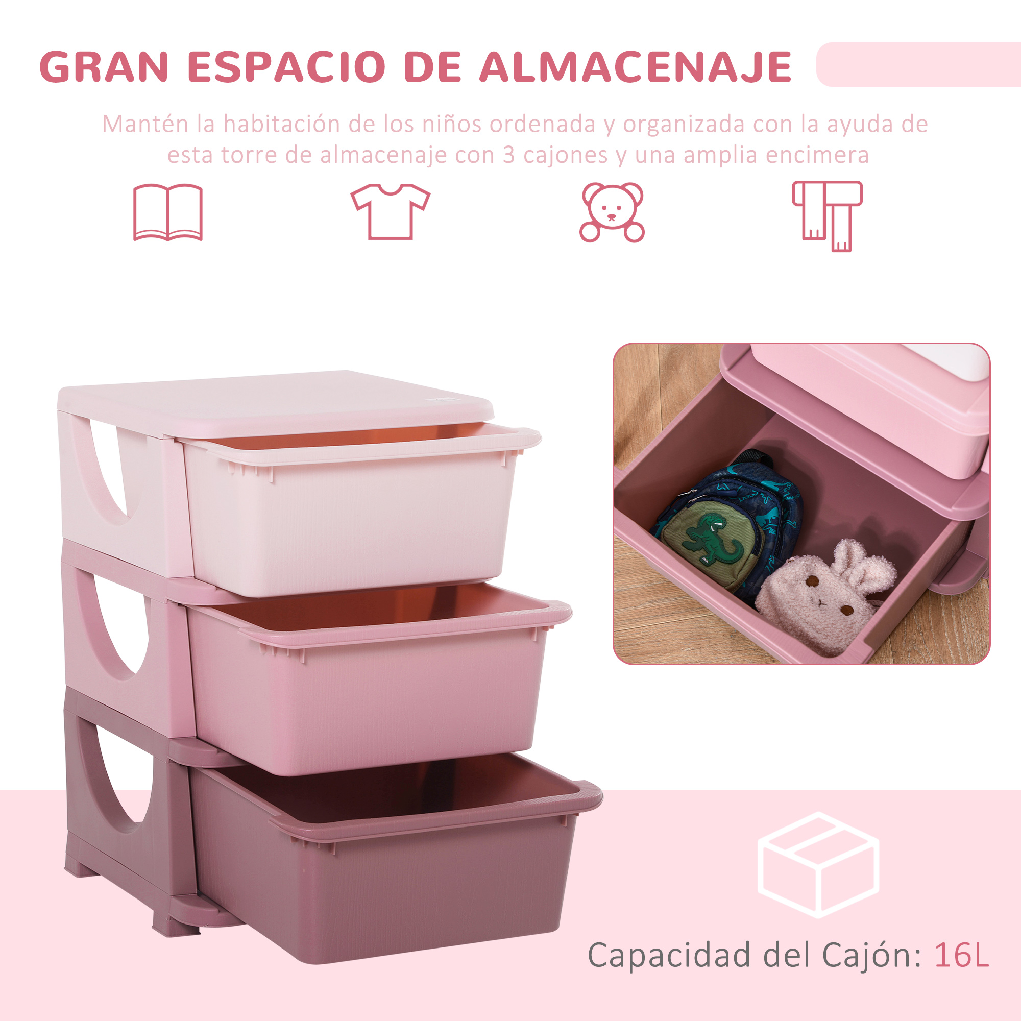 Torre de almacenamiento de plástico rosa de tres niveles con cajones extraídos y juguetes.