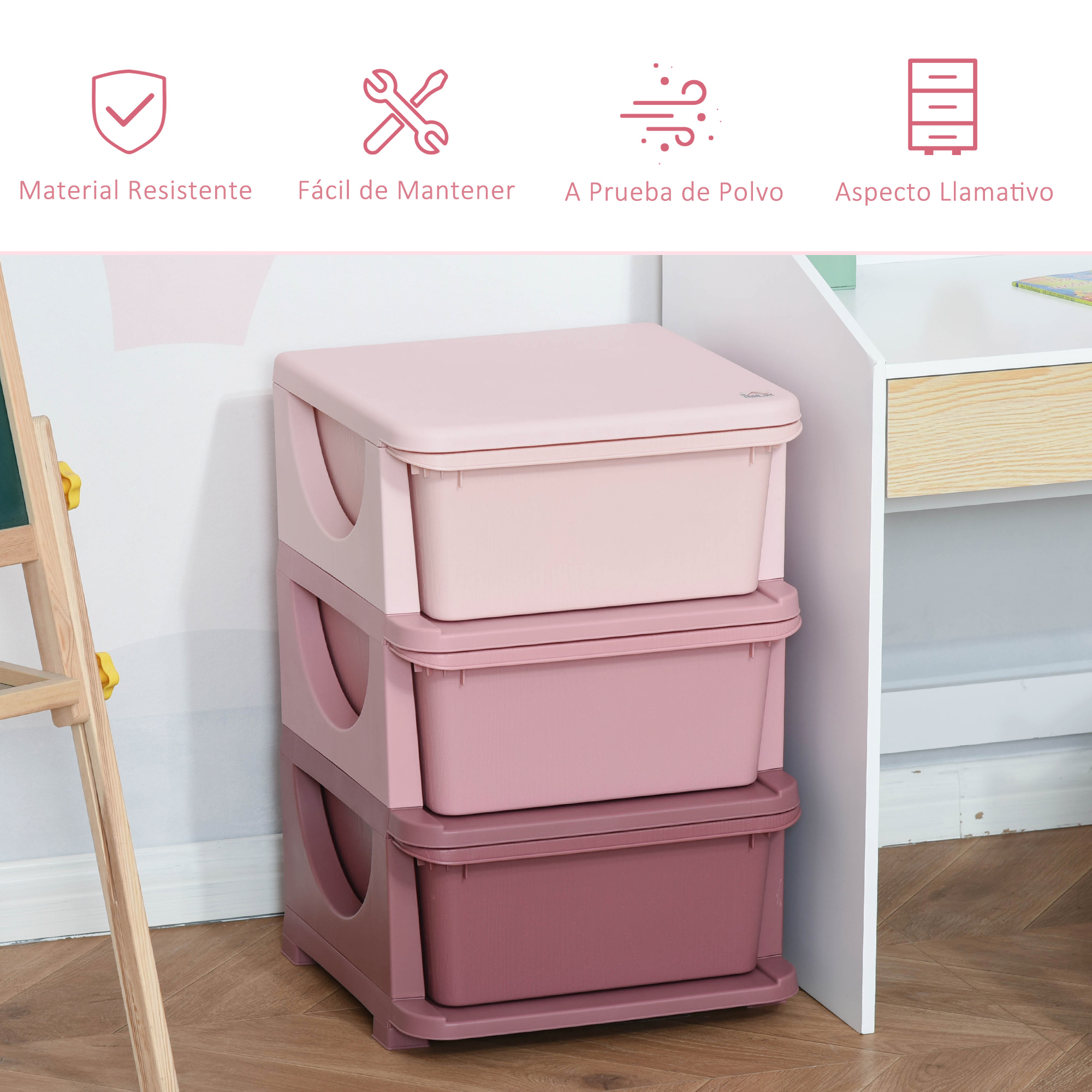 Tres cajas de almacenamiento de plástico rosa apilables con tapas en la habitación de un niño.