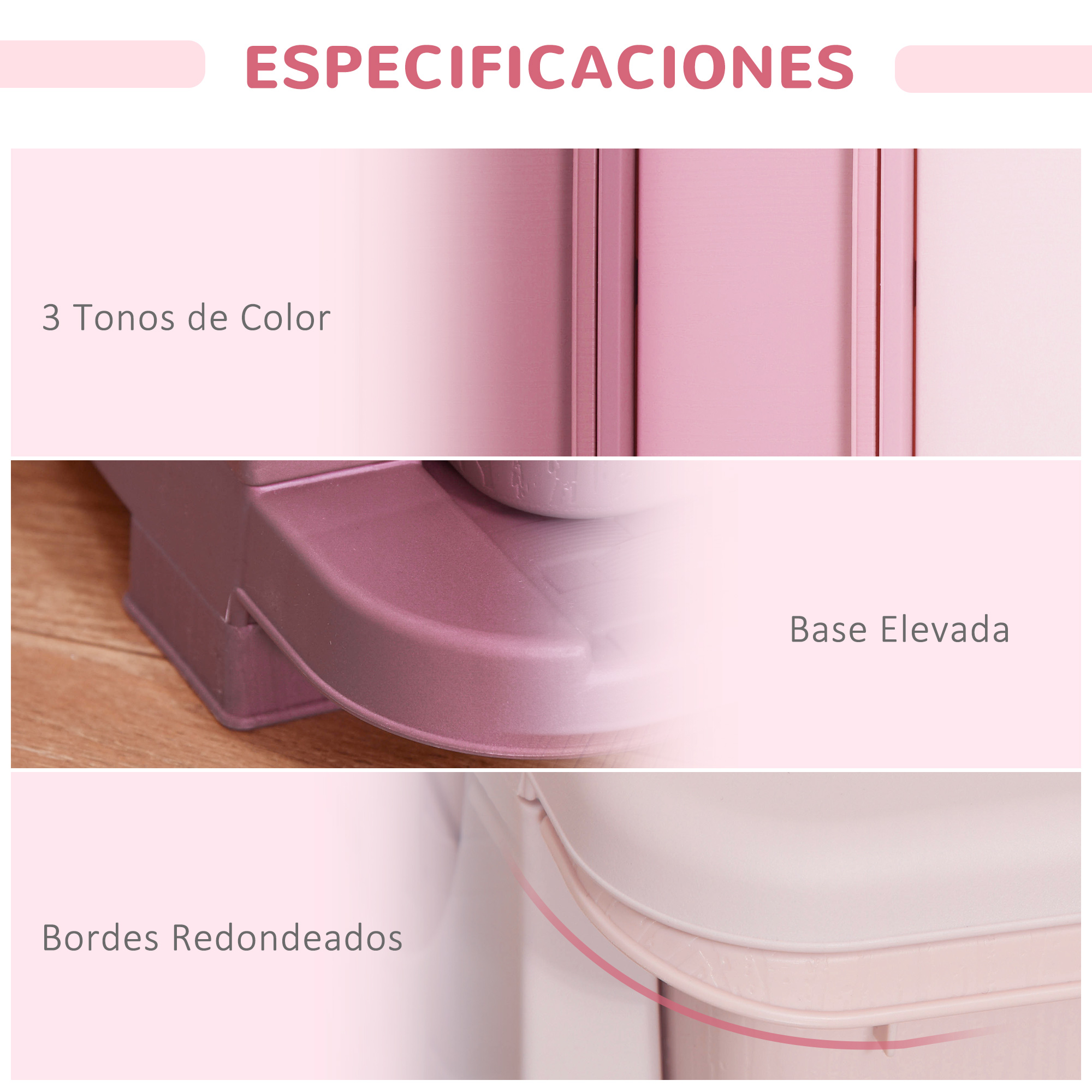 Tres imágenes rosas muestran detalles: 3 tonos de color, base elevada y bordes redondeados.