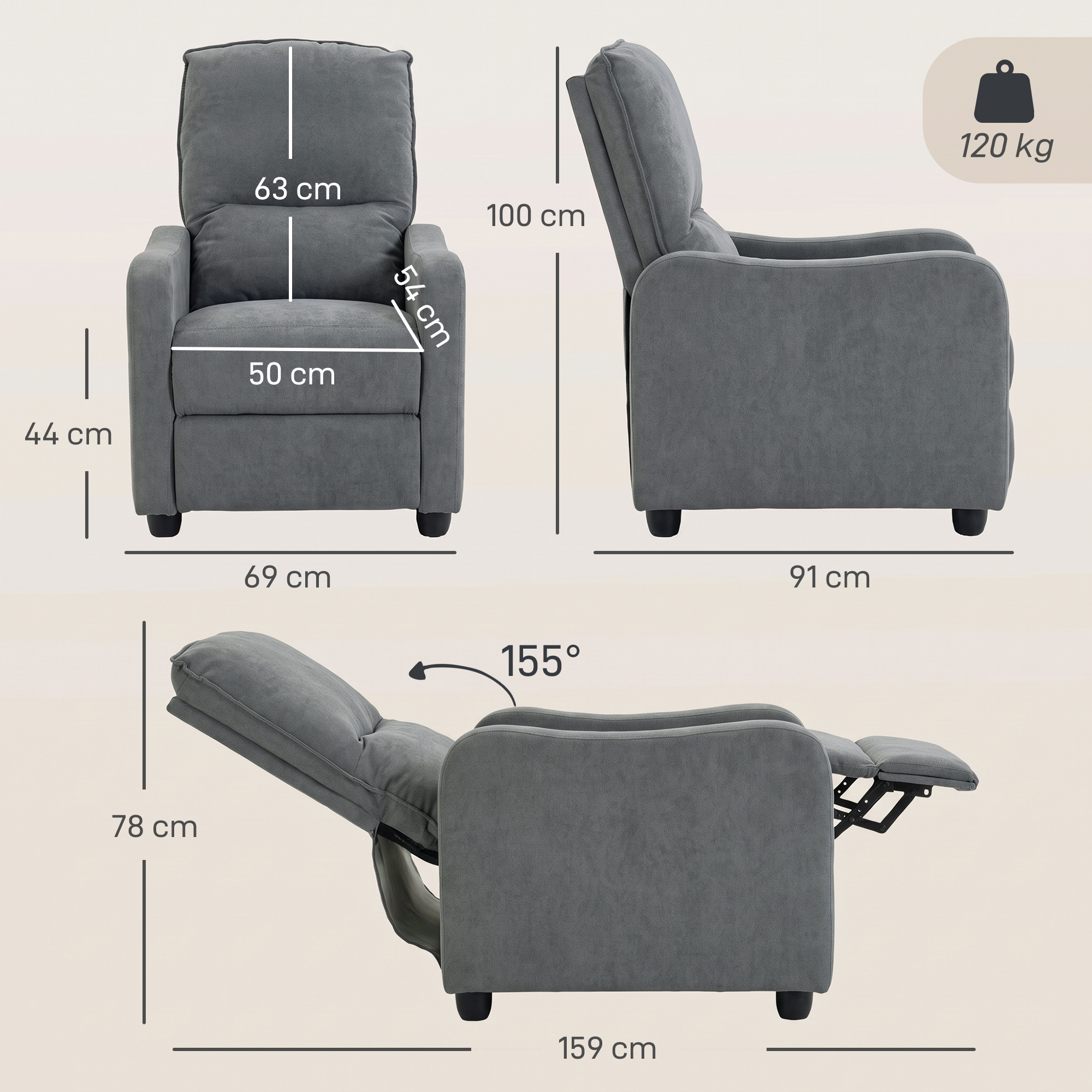 Dimensiones y ángulos de un sillón gris en múltiples vistas.