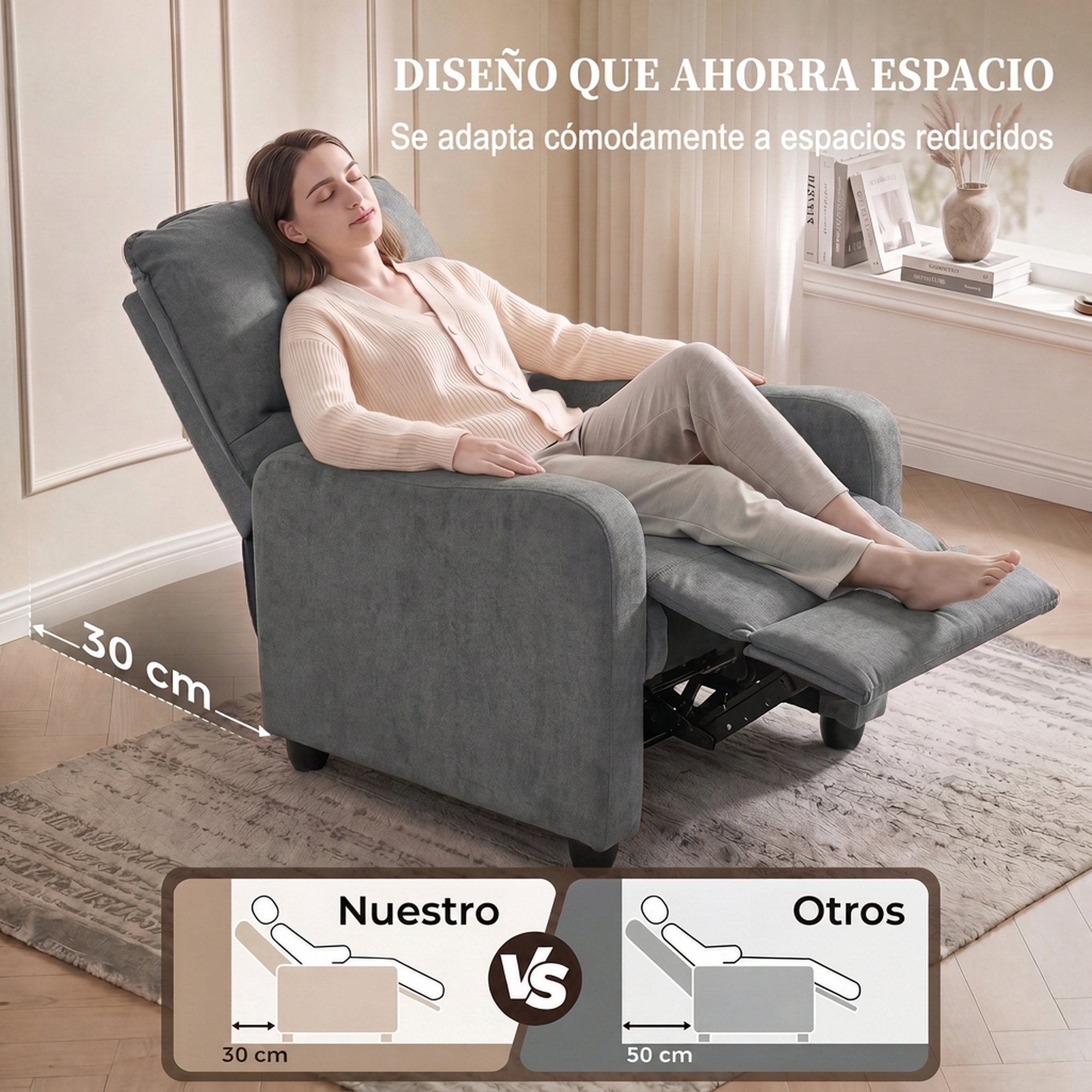 Una mujer se relaja en un sillón reclinable gris con reposapiés, mostrando un diseño que ahorra espacio.