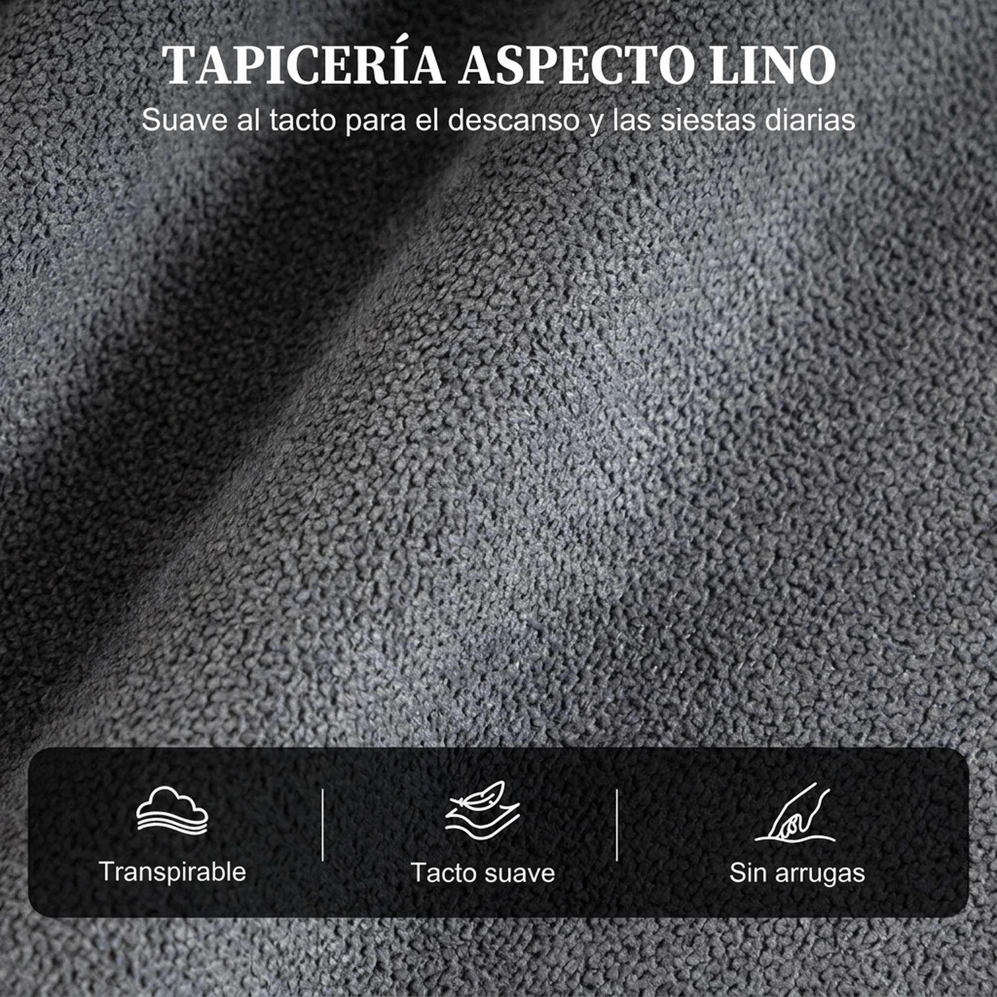 Tela texturizada gris oscura con texto en español arriba y tres iconos abajo.